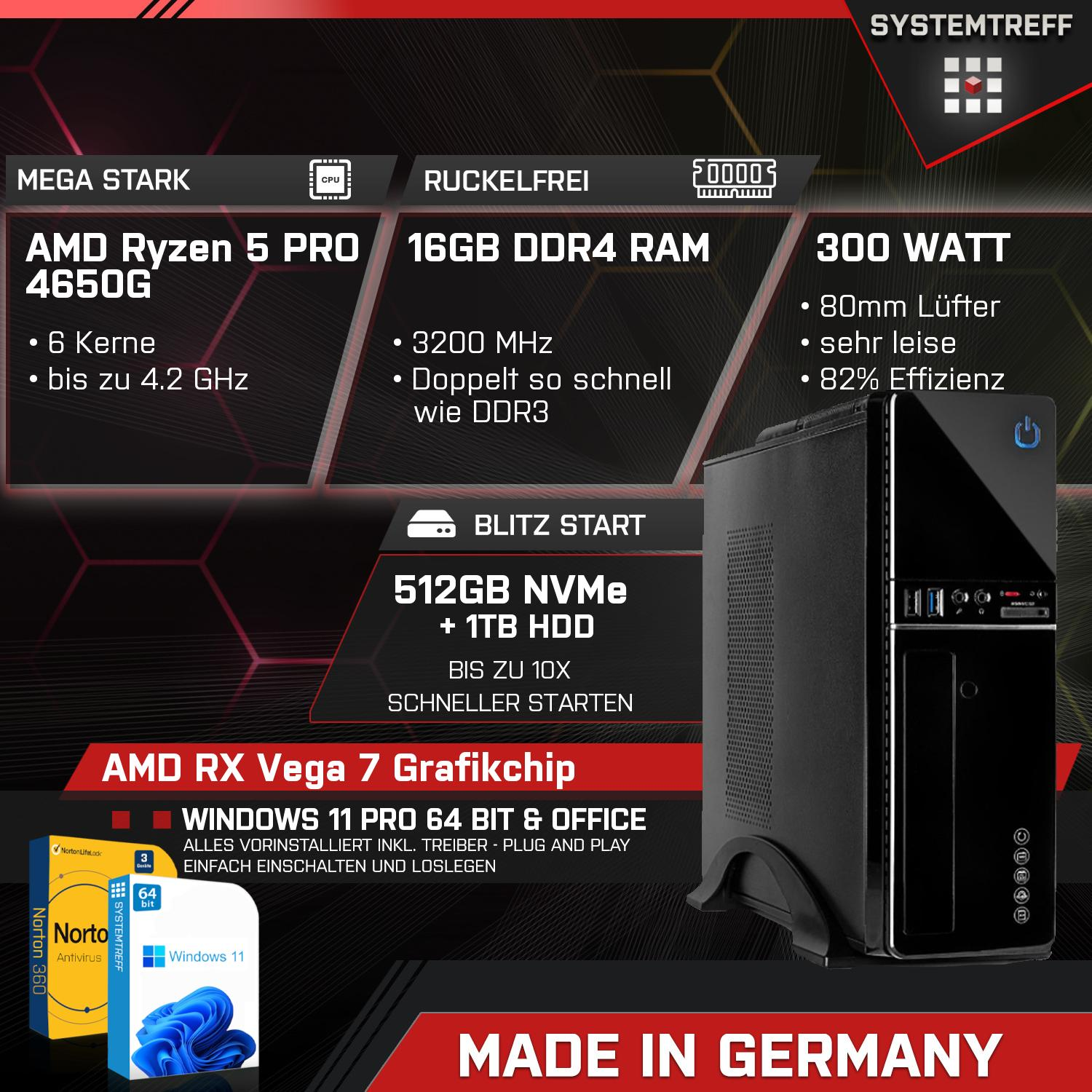 11 Mini GB PRO mSSD, 512 Ryzen SYSTEMTREFF 5 Pro, AMD Radeon™ AMD GB PC 16 PRO 5 Ryzen™ 4650G, Windows 7 Mini mit Vega RAM, Prozessor, AMD