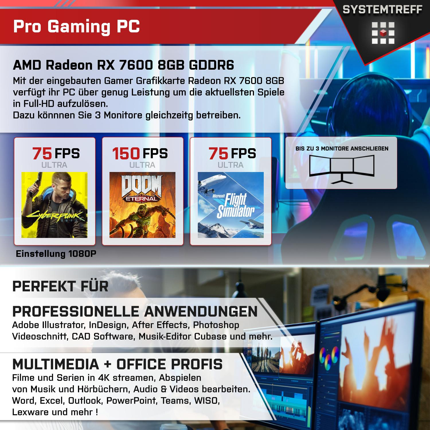 SYSTEMTREFF Pro Gaming Ryzen PC Pro, 7600S GB 7 Gaming mit Ryzen™ Radeon™ RX 11 7 GB mSSD, 7700X, Windows 32 AMD RAM, AMD 1000 Prozessor, AMD