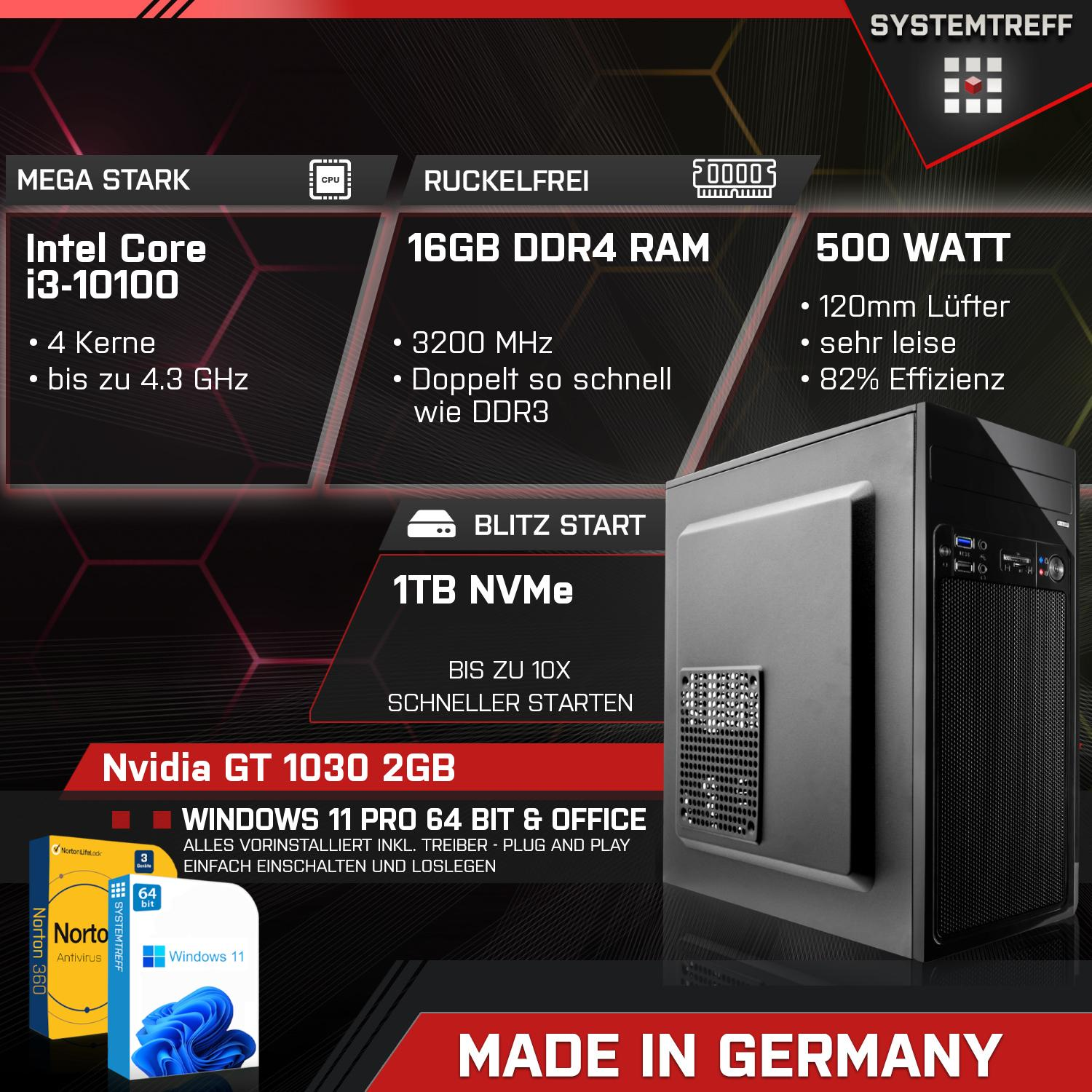 SYSTEMTREFF Office RAM, GT Prozessor, 1000 GB 2 i3-10100, Intel i3-10100 2GB, PC mit Komplett GB 1030 Core Nvidia mSSD, Komplett 16 Geforce GB