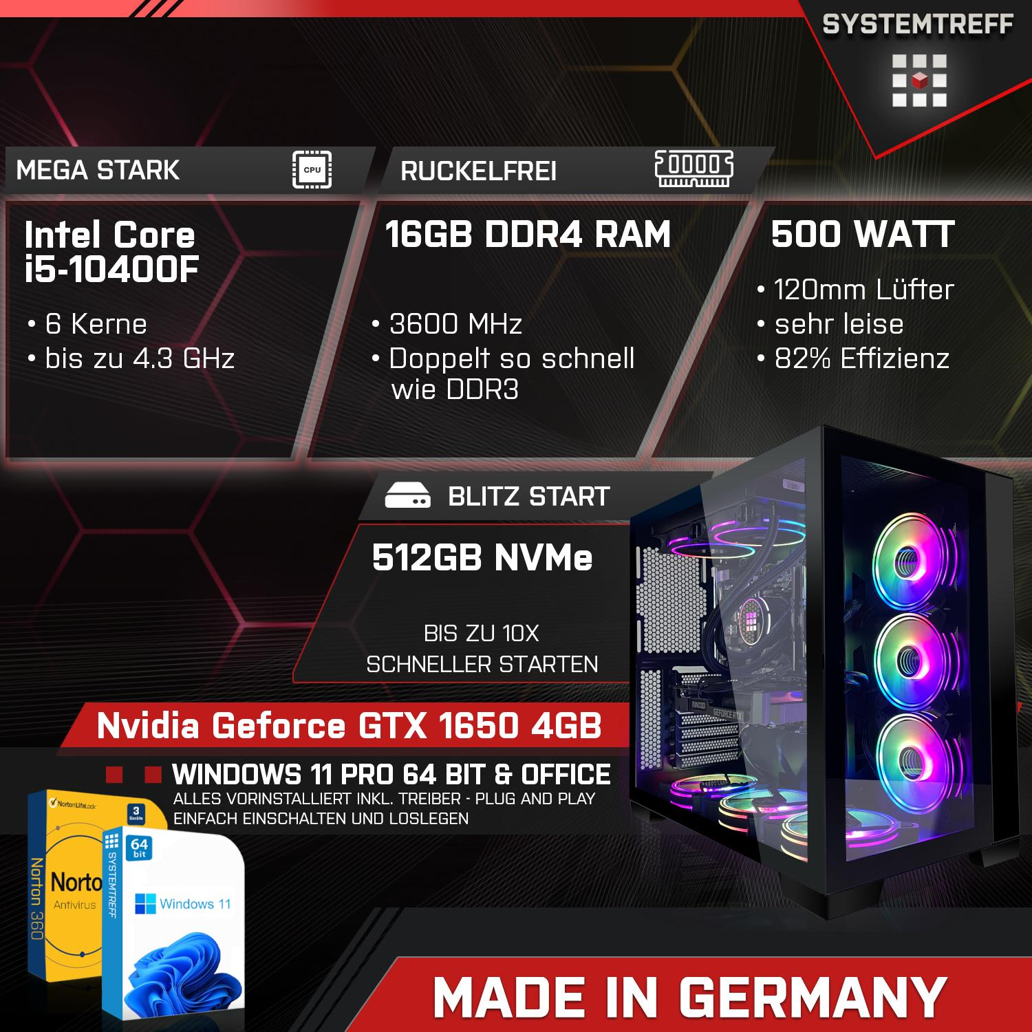 SYSTEMTREFF Gaming Intel Core Prozessor, NVIDIA Core™ GeForce® GB i5 PC GB i5-10400F, 11 mit Intel® 512 Gaming 16 Pro, Windows 1650 GTX RAM, mSSD
