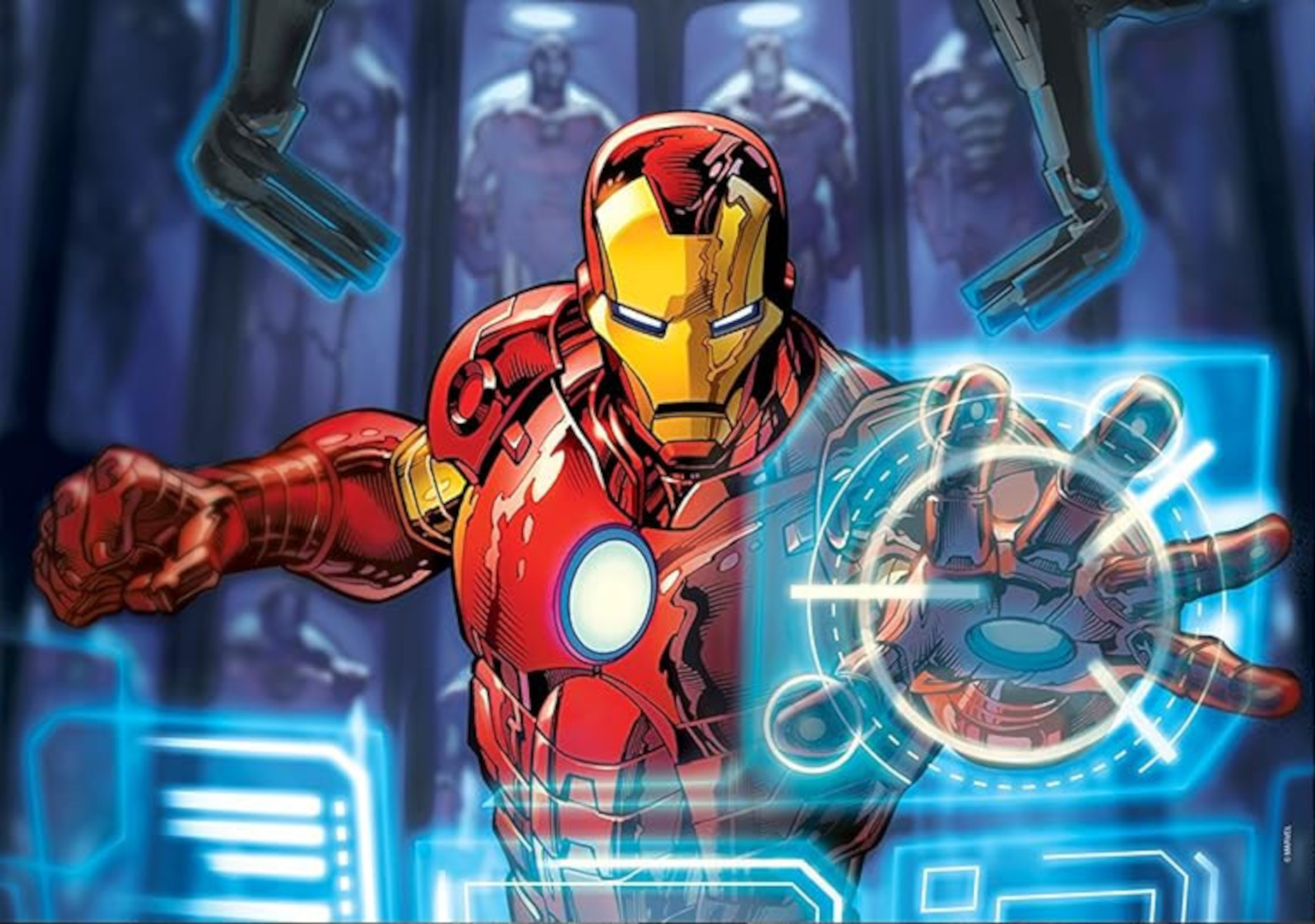Iron Man in seiner Rüstung, der mit seiner rechten Hand greift, Comic-Stil.