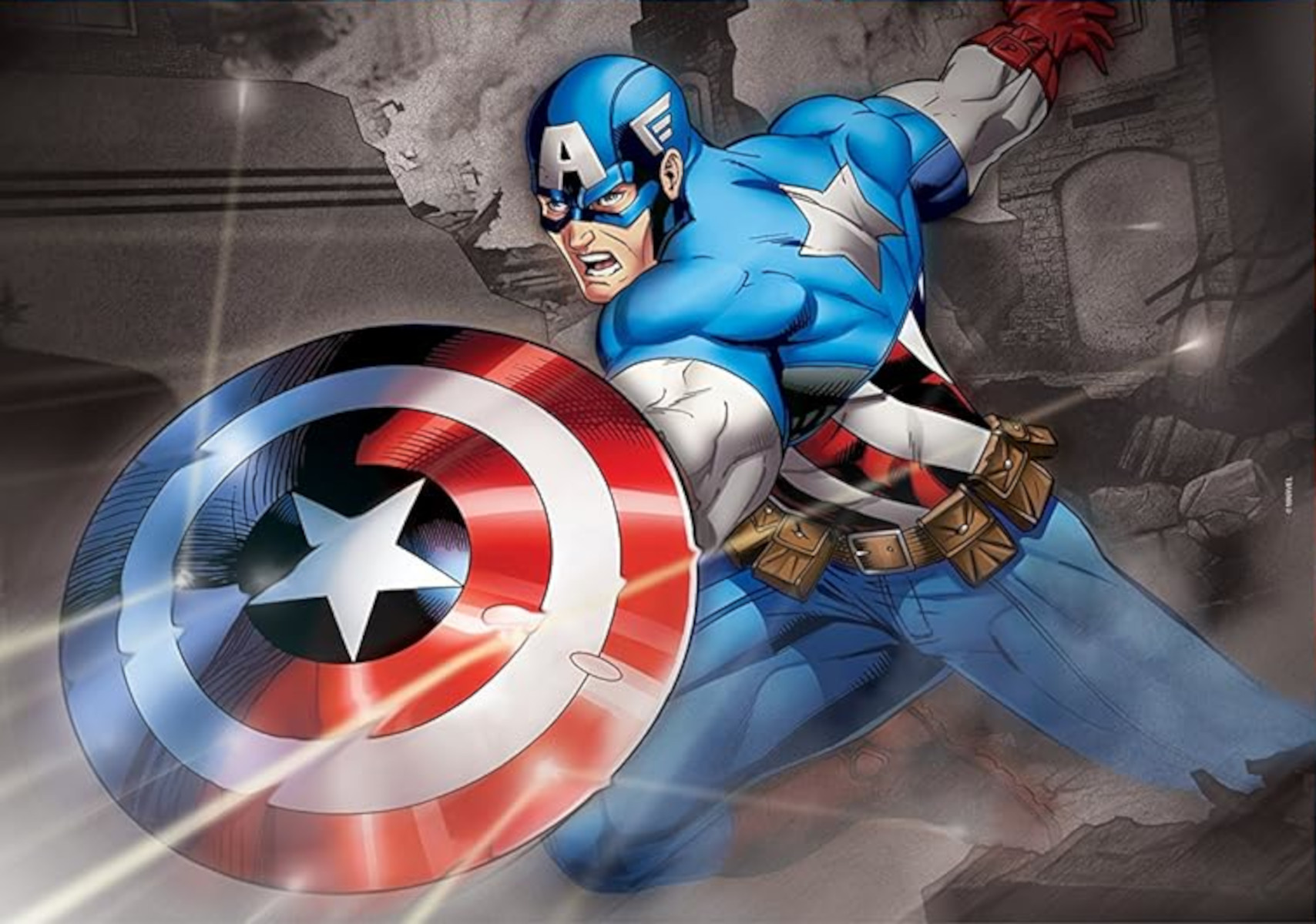 Captain America in Aktion mit seinem Schild. Er trägt einen blau-weißen Anzug.