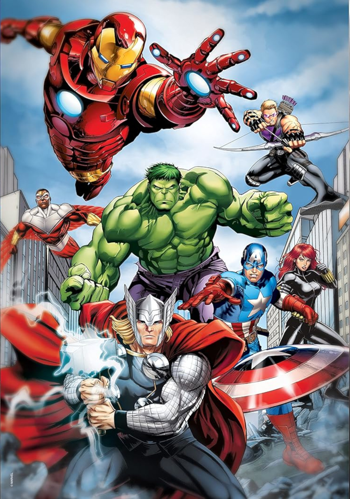 Avengers-Comic-Cover mit Iron Man, Hulk, Thor, Captain America und anderen in Aktion.