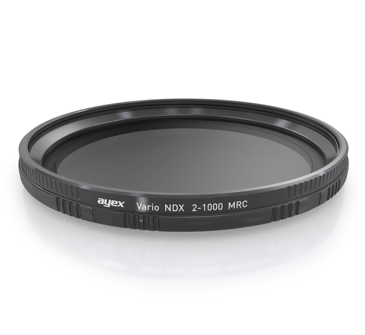 Ein schwarzer Kameraobjektivfilter mit dem Text 'ayex Vario NDX 2-1000 MRC' auf weißem Untergrund.