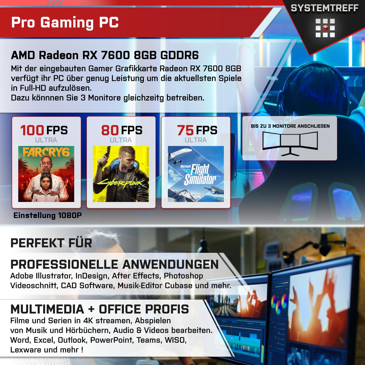 7600 i5-12400F, 16 GDDR6, Radeon RAM, mSSD, Komplett PC Komplett GB 8 Gaming AMD i5-12400F GB 1000 SYSTEMTREFF GB mit 8GB Intel Core Prozessor, RX