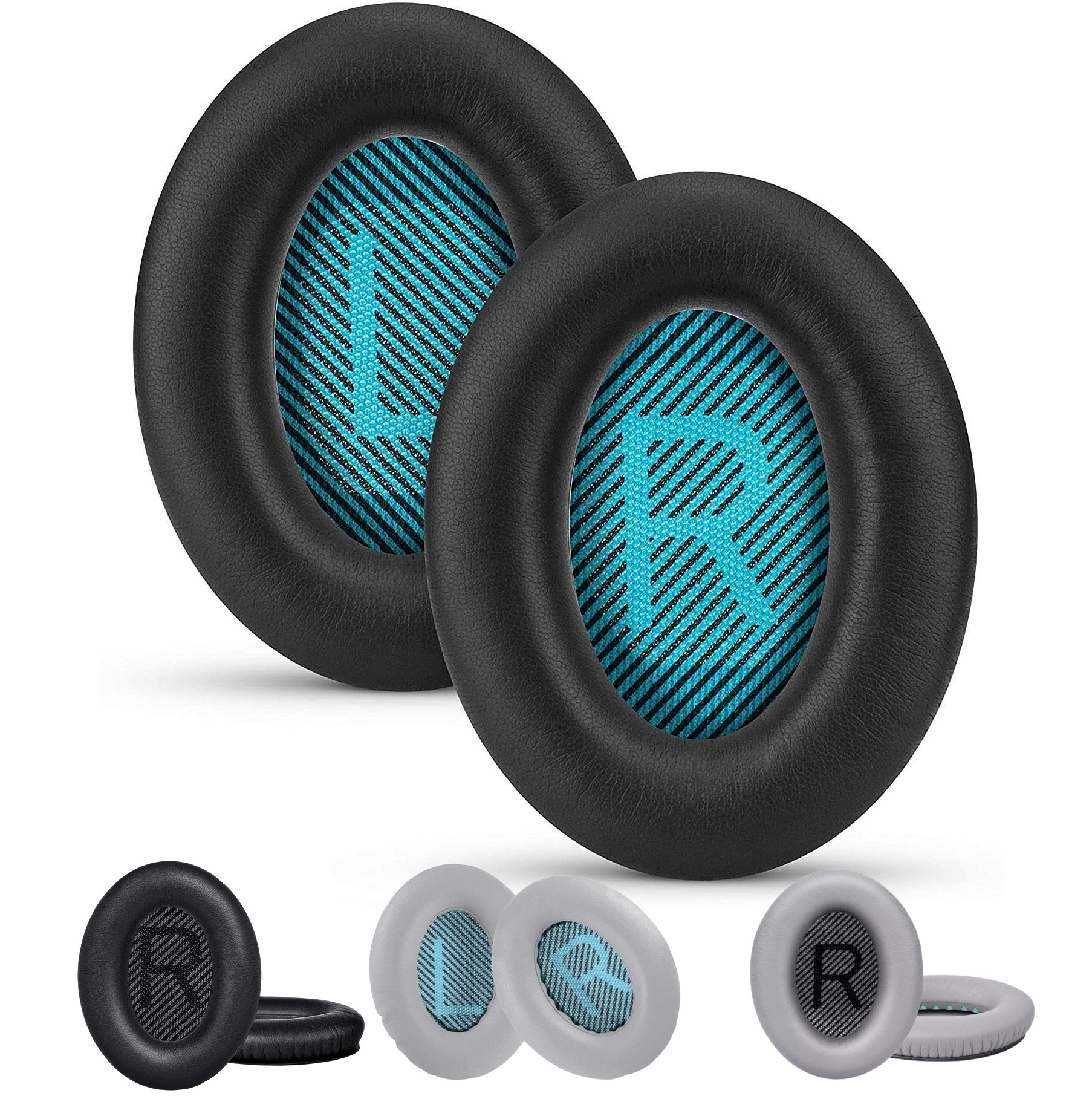 Nauszniki do słuchawek, czarne z niebiesko-czarną wewnętrzną siatką i biało-szarą parą.