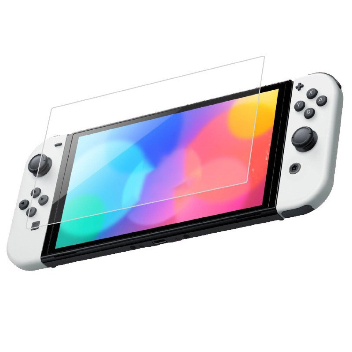 Witte Nintendo Switch console met schermbeschermer. Witte achtergrond.