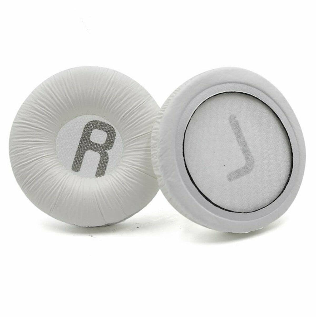 Twee witte oorkussens voor hoofdtelefoons. De letters 'R' en 'L' zijn zichtbaar.