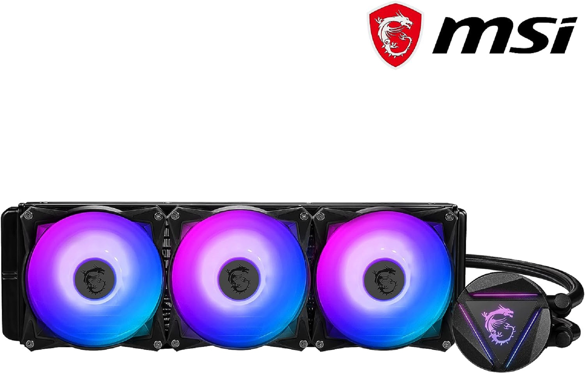 Un sistema di raffreddamento a liquido per computer con tre ventole con luci RGB e il logo MSI.