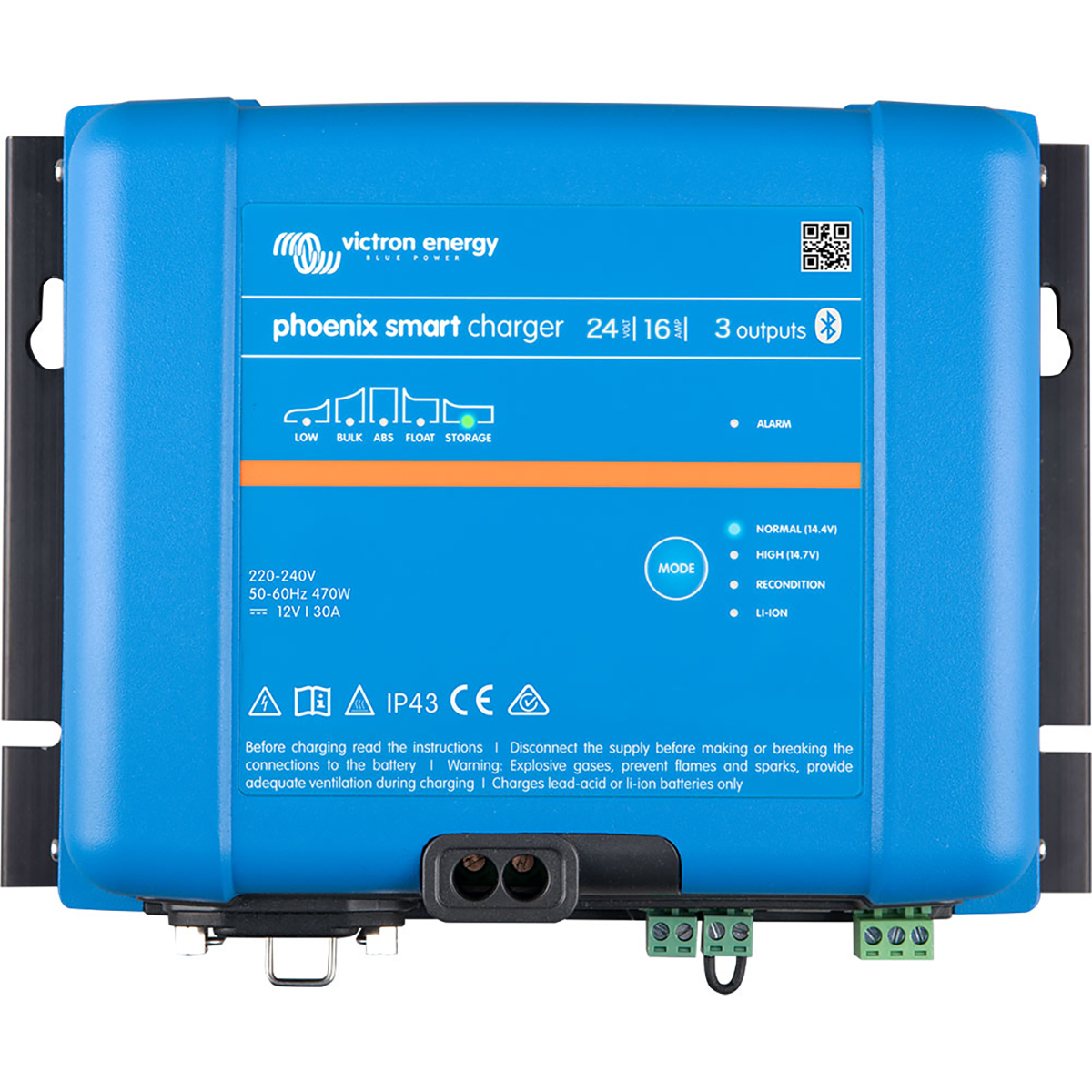 blau VICTRON Phoenix ENERGY IP43 Smart 24/16 Ladegerät Ladegerät (3 Universal, Volt, 24 Ladeausgänge)