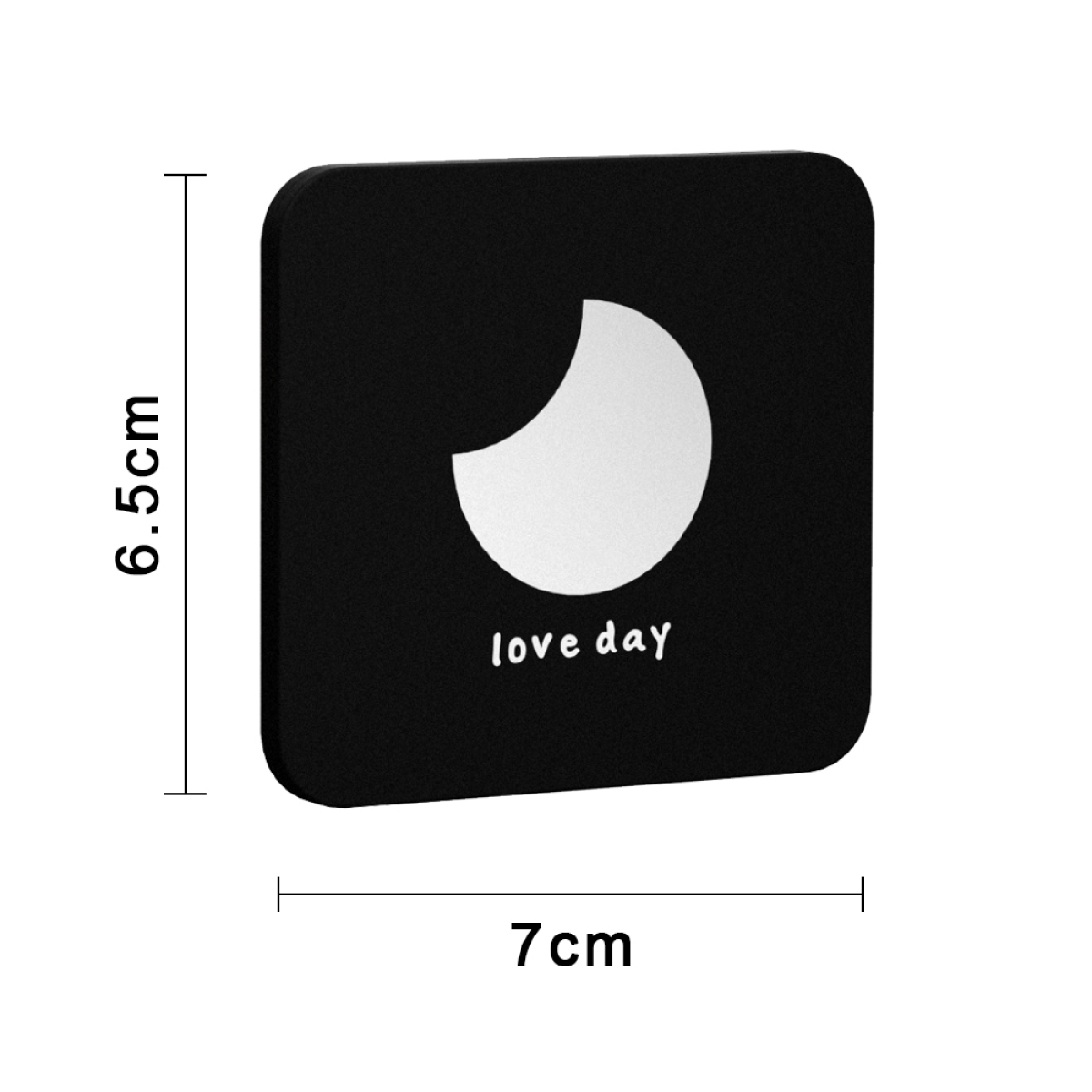 Ein schwarzer Untersetzer mit weißem Monddesign und dem Text 'love day', mit Größenangaben, auf weißem Hintergrund.