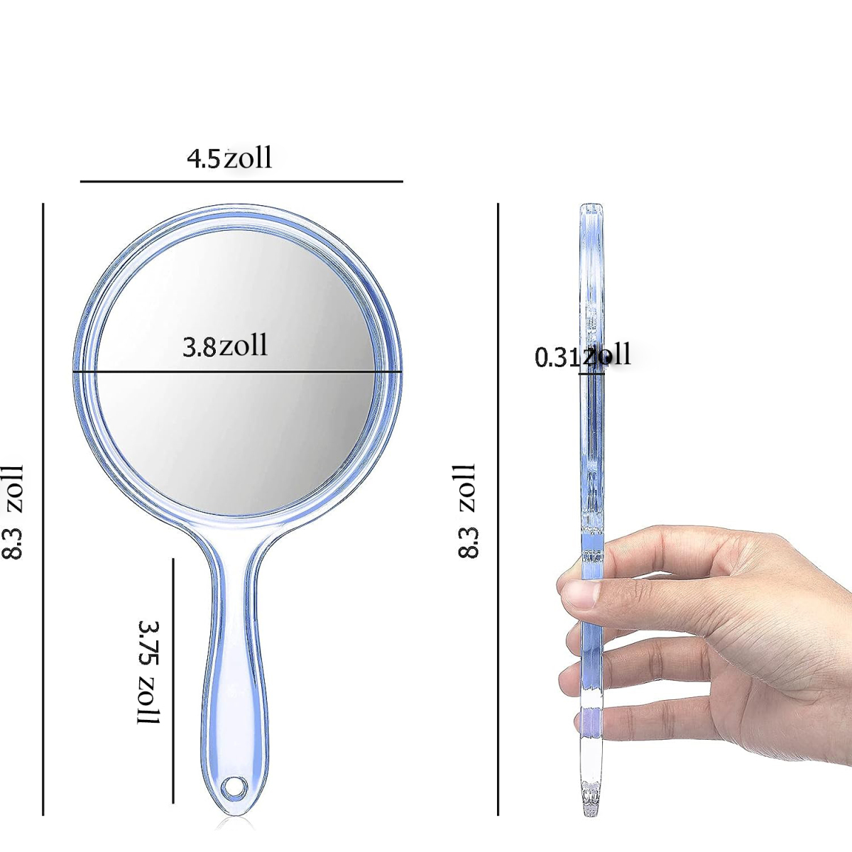Handspiegel mit blauem Griff und Spiegel. Abmessungen werden in Zoll angegeben.