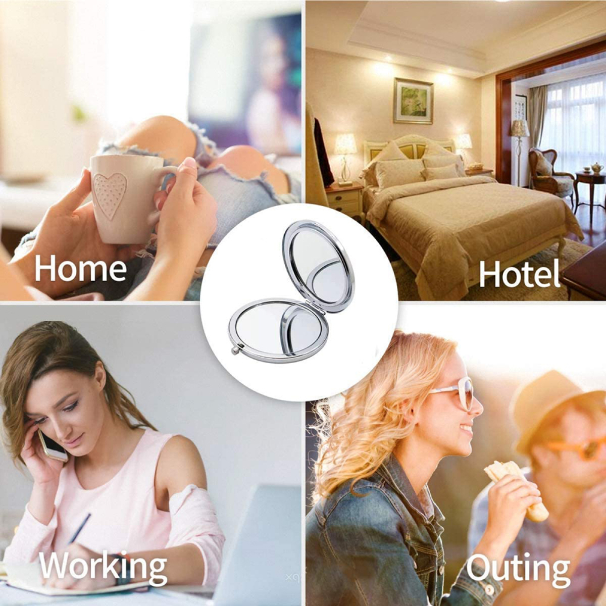 Collage mit Szenen zu Hause, im Hotel, bei der Arbeit und unterwegs mit einem silbernen Kompaktspiegel.