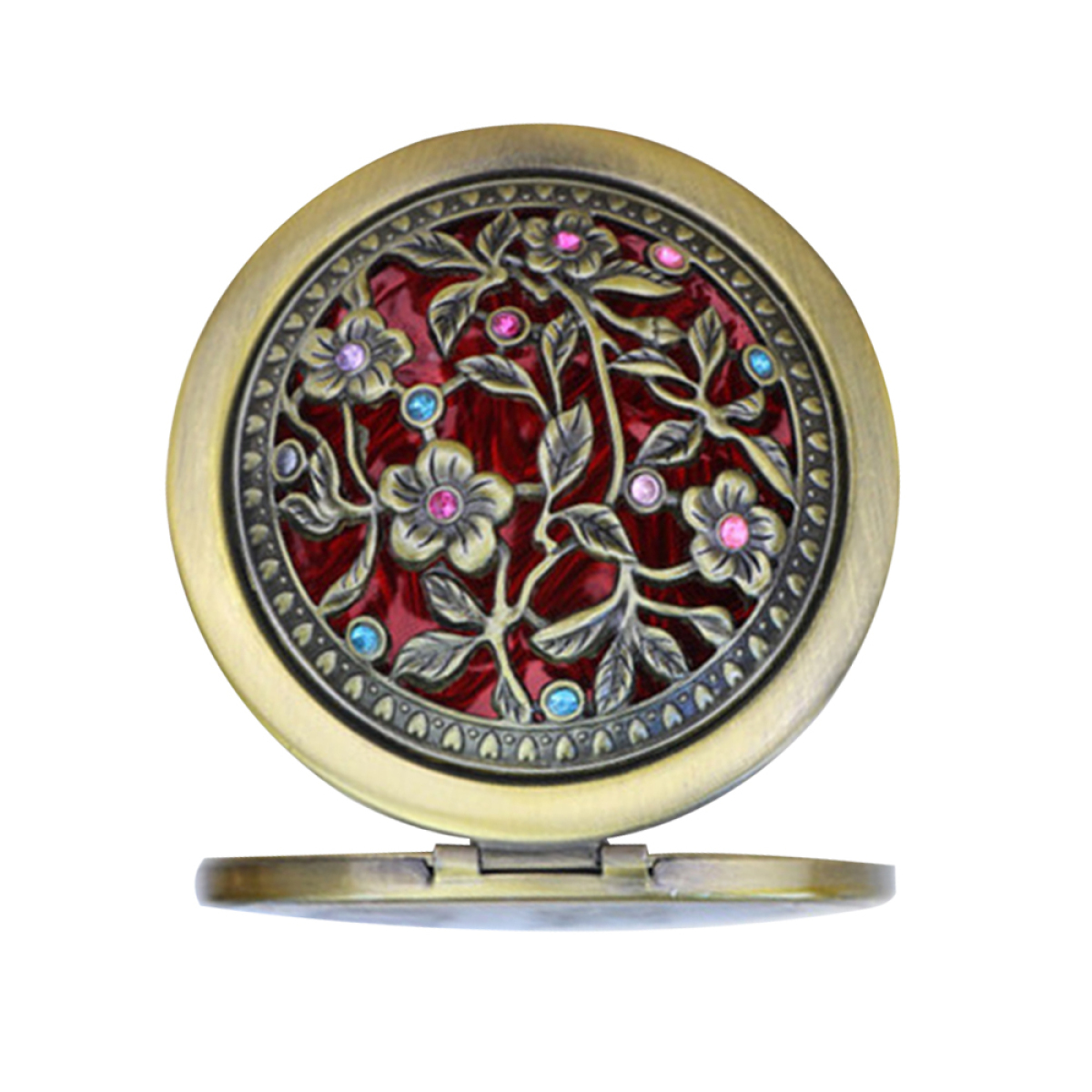 Runder, goldfarbener Kompaktspiegel mit Blumen- und Juwelendesign.