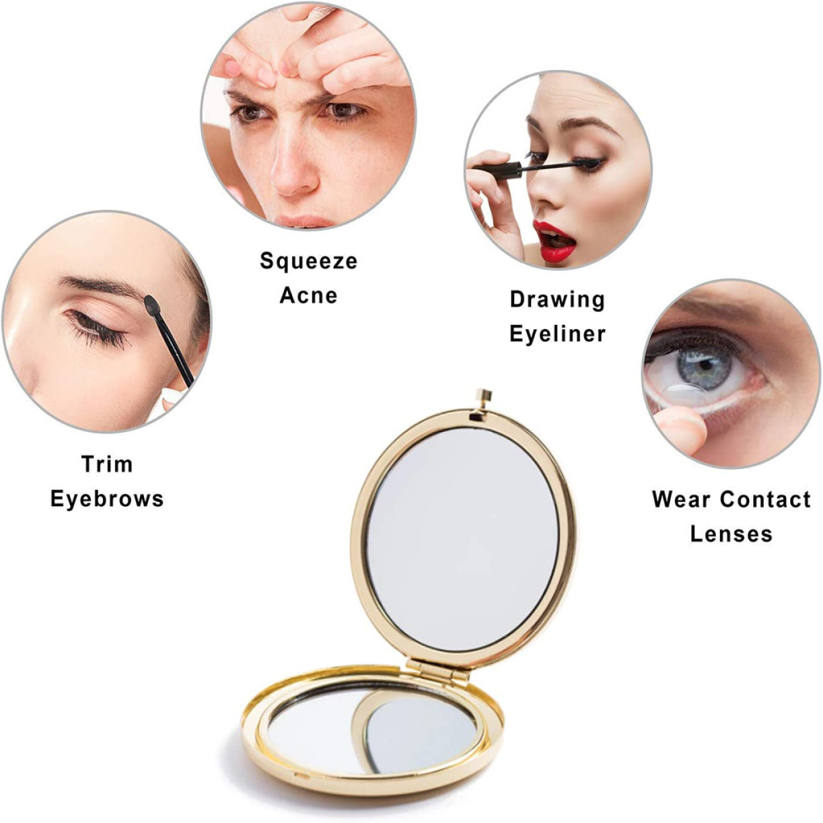 Nahaufnahmen, die Aktionen zeigen: Akne ausdrücken, Eyeliner ziehen, Augenbrauen trimmen, Kontaktlinsen tragen.