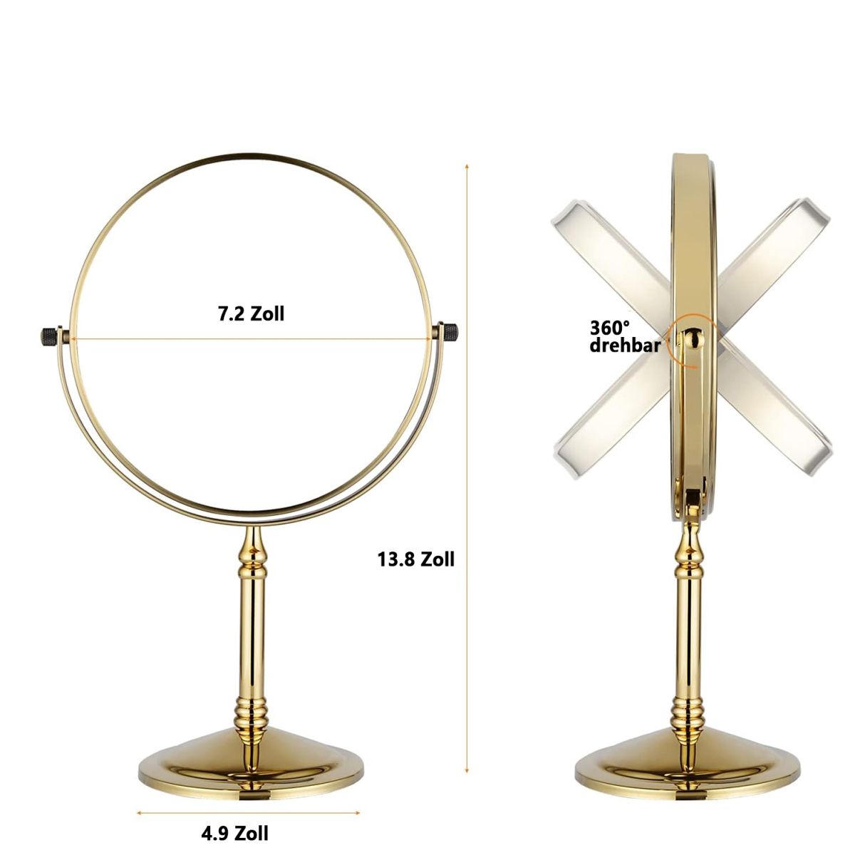 Ein goldfarbener, runder, doppelseitiger Schminkspiegel. Abmessungen in Zoll werden angezeigt.