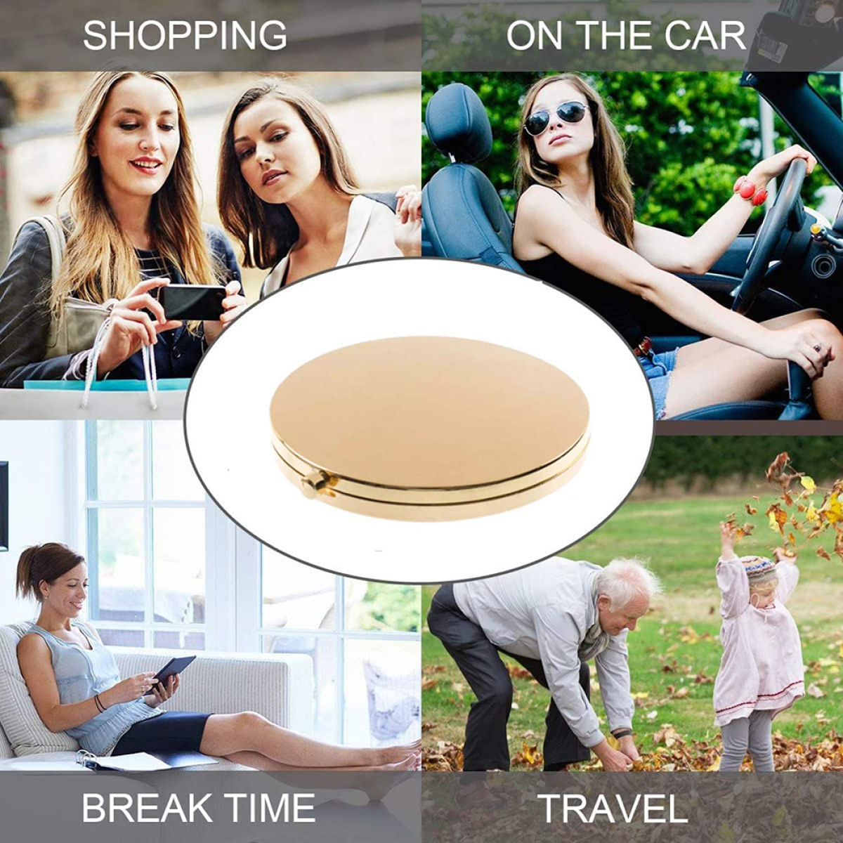 Ein goldener Kompaktspiegel in der Mitte, umgeben von Bildern, die Shopping, Auto, Pause und Reisen darstellen.
