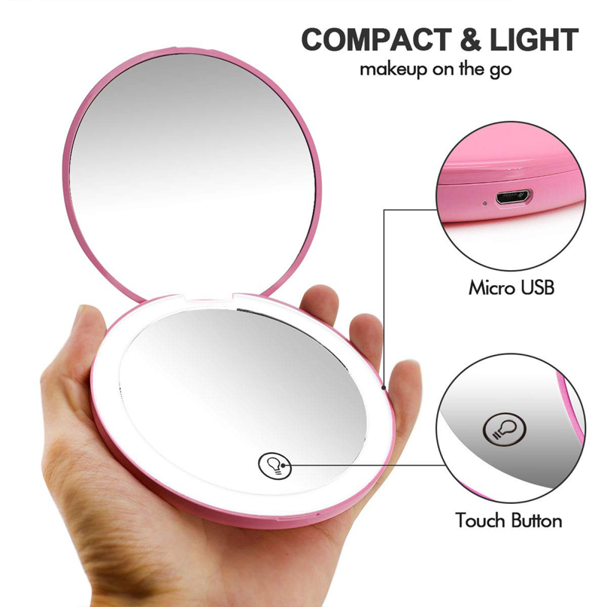Ein rosa, offener, beleuchteter Schminkspiegel mit Micro-USB-Anschluss und Touch-Taste.