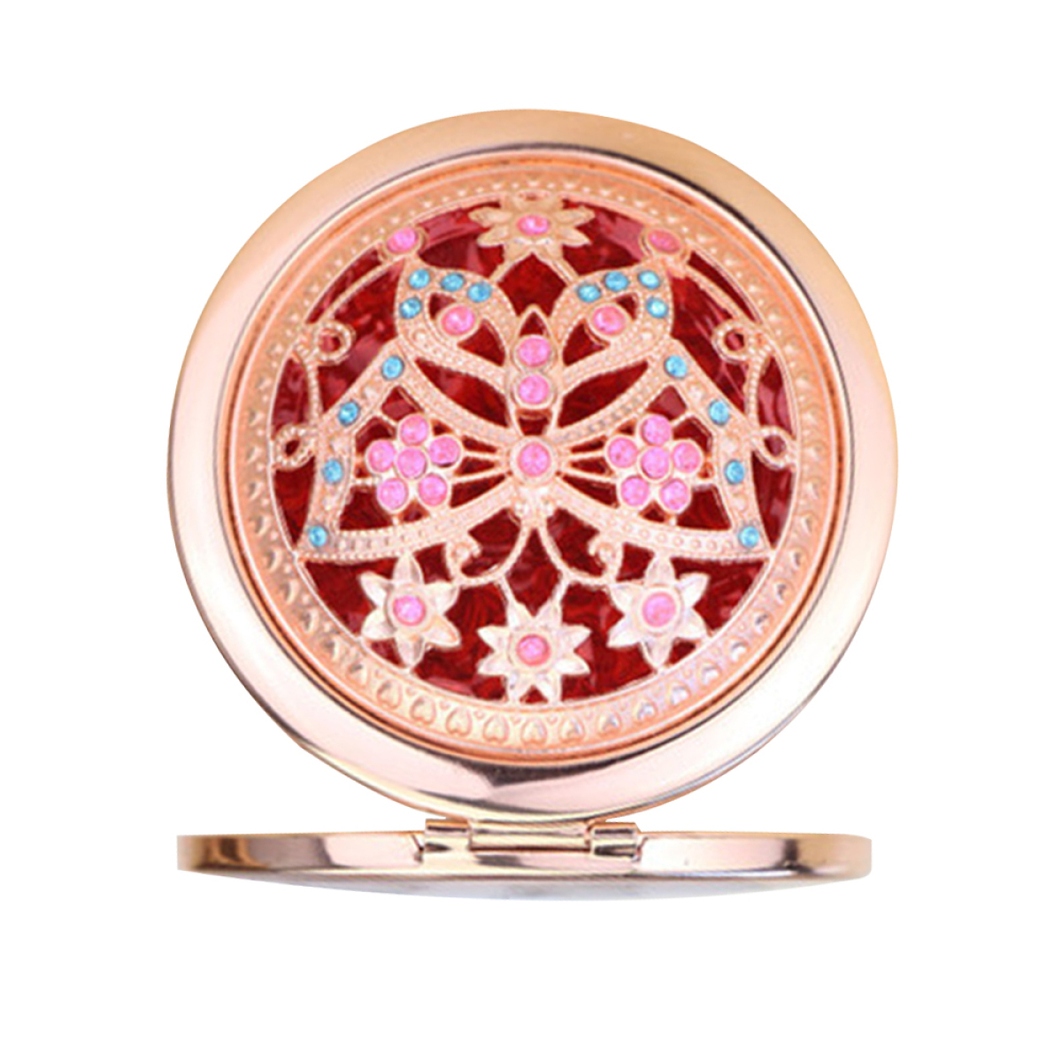 Runder, offener Kompaktspiegel mit floralem Design in Rot, Pink und Blau auf einem goldenen Rahmen. Offenbart einen Spiegel.