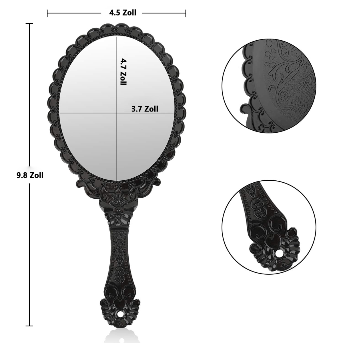 Ein schwarzer Handspiegel mit verzierten Details und Maßen: 9,8 Zoll hoch, 4,5 x 4,7 Zoll Spiegel.