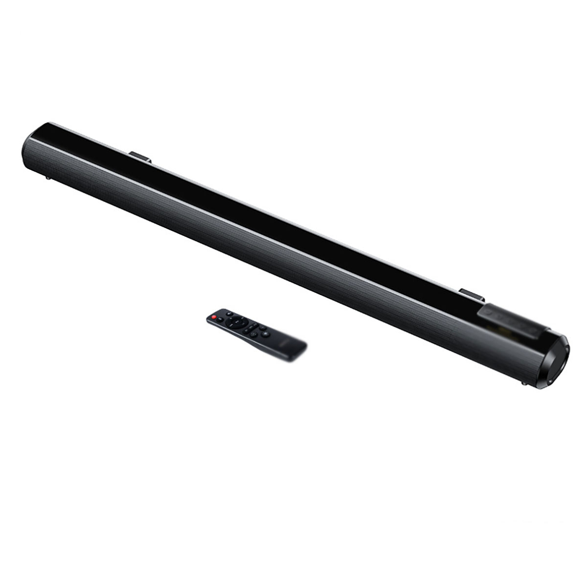 Schwarze Soundbar mit Fernbedienung auf weißem Untergrund.