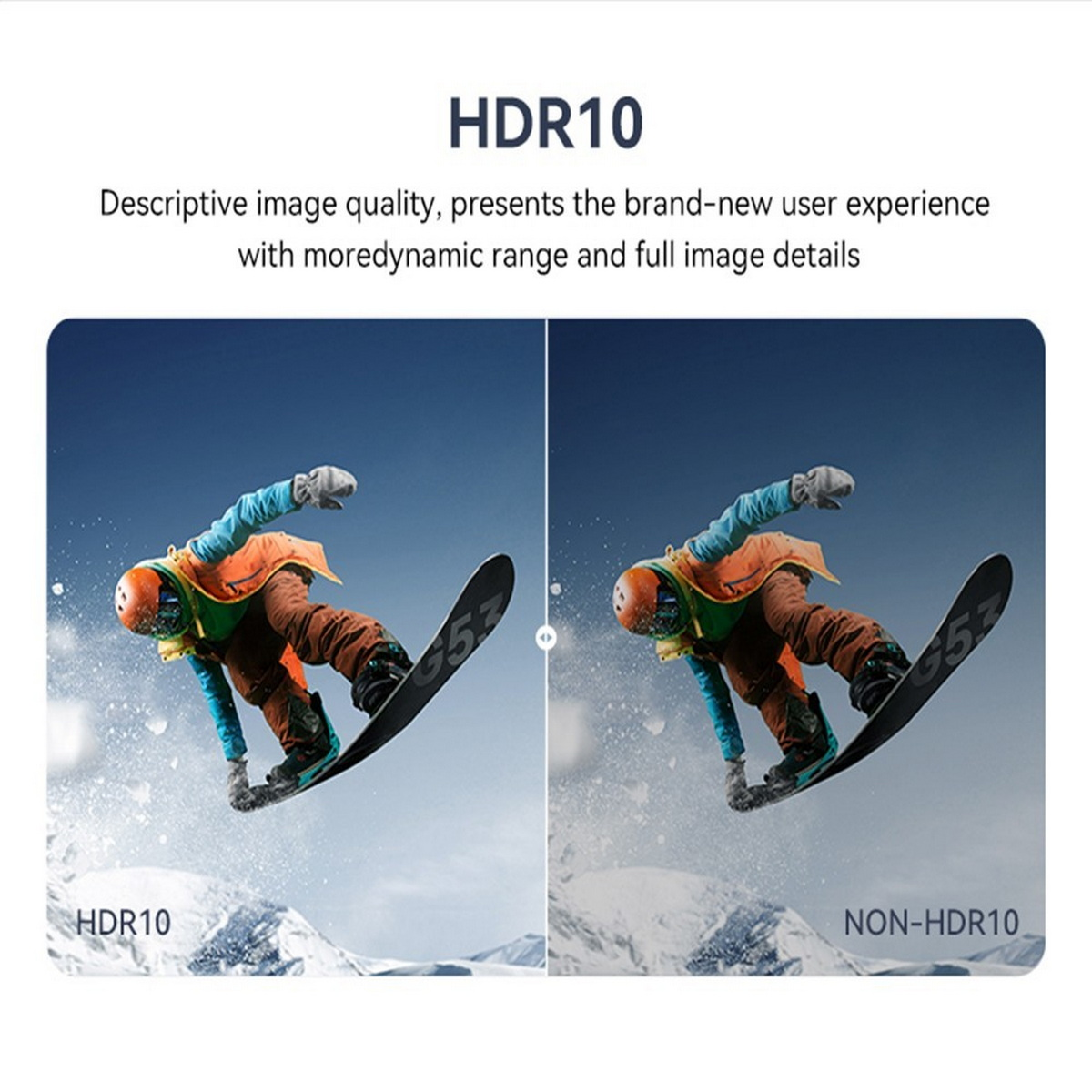 Comparación de imágenes HDR10 y No-HDR10 de un snowboarder.