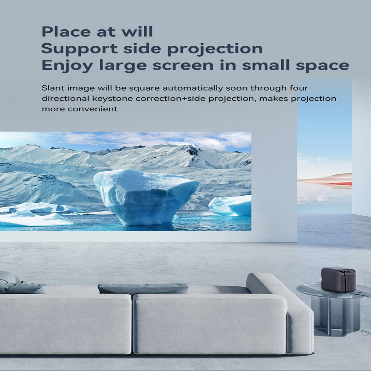 Una sala de estar con un proyector proyectando una imagen de una cordillera.