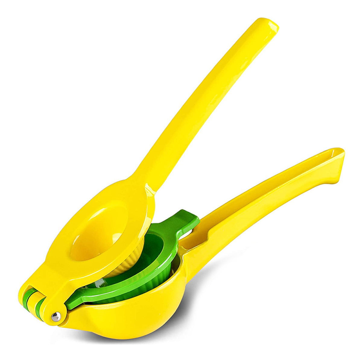 Gelber und grüner Zitronenentsafter auf weißem Hintergrund, offene Position.