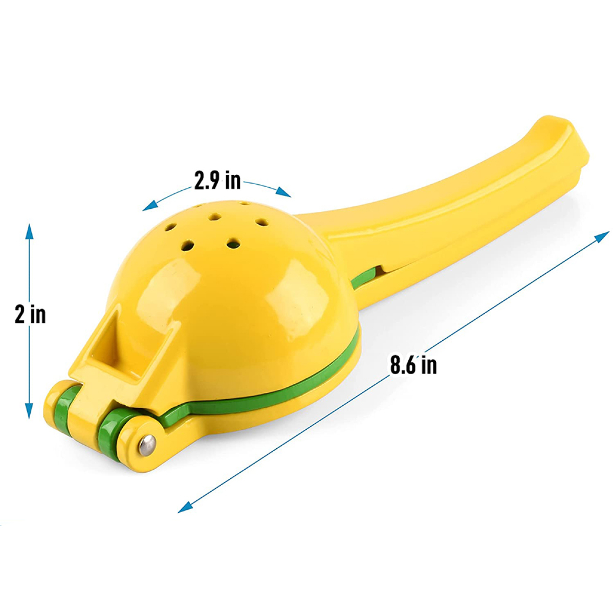 Ein gelber Zitronenpresser mit grünen Akzenten. Er ist 8,6 Zoll lang. Der Griff ist lang und gebogen.