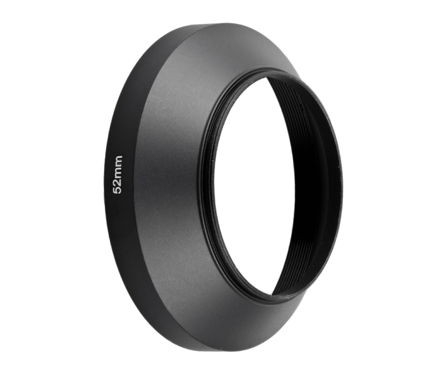 Schwarze Objektiv-Gegenlichtblende mit 52-mm-Markierung, abgewinkeltem Design und Innengewinde.