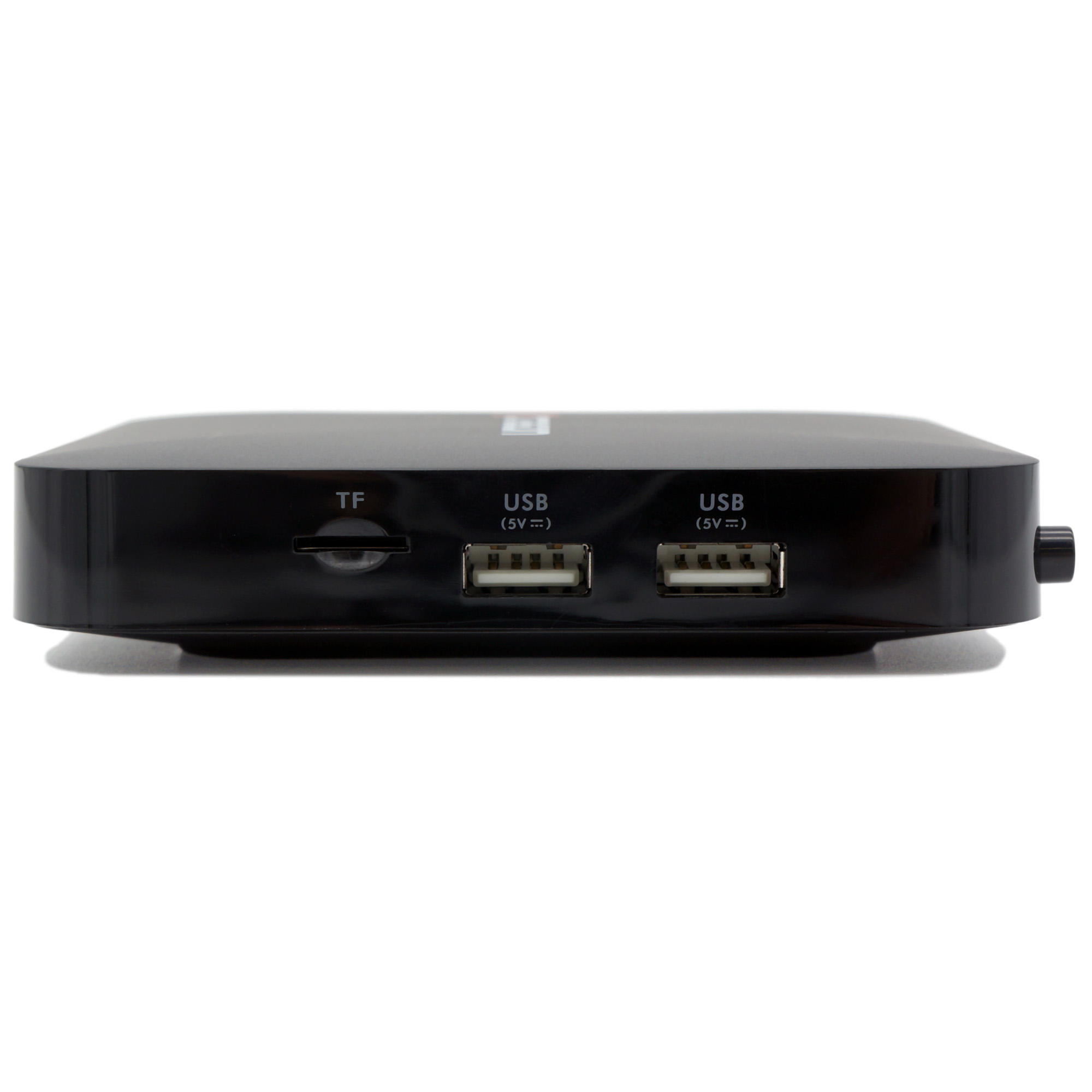 Schwarzes rechteckiges Gerät mit TF-, USB (5V=)-Anschlüssen. Weißer Hintergrund, einfaches Produktfoto.