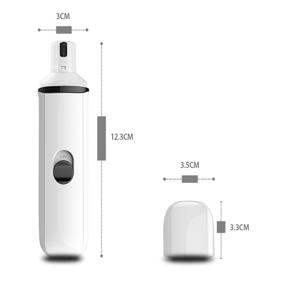 Ein weißer Nagelknipser mit den Maßen: 12,3 cm Länge, 3 cm oben und 3,5 cm Basis. Eine weiße Kappe mit 3,3 cm Höhe.