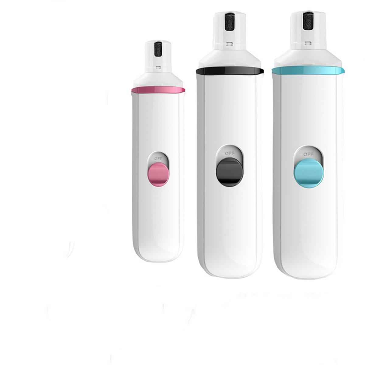 Drei weiße elektrische Nagel-Nagelschleifer, jeder mit einem unterschiedlich farbigen Schalter: rosa, schwarz, blau.