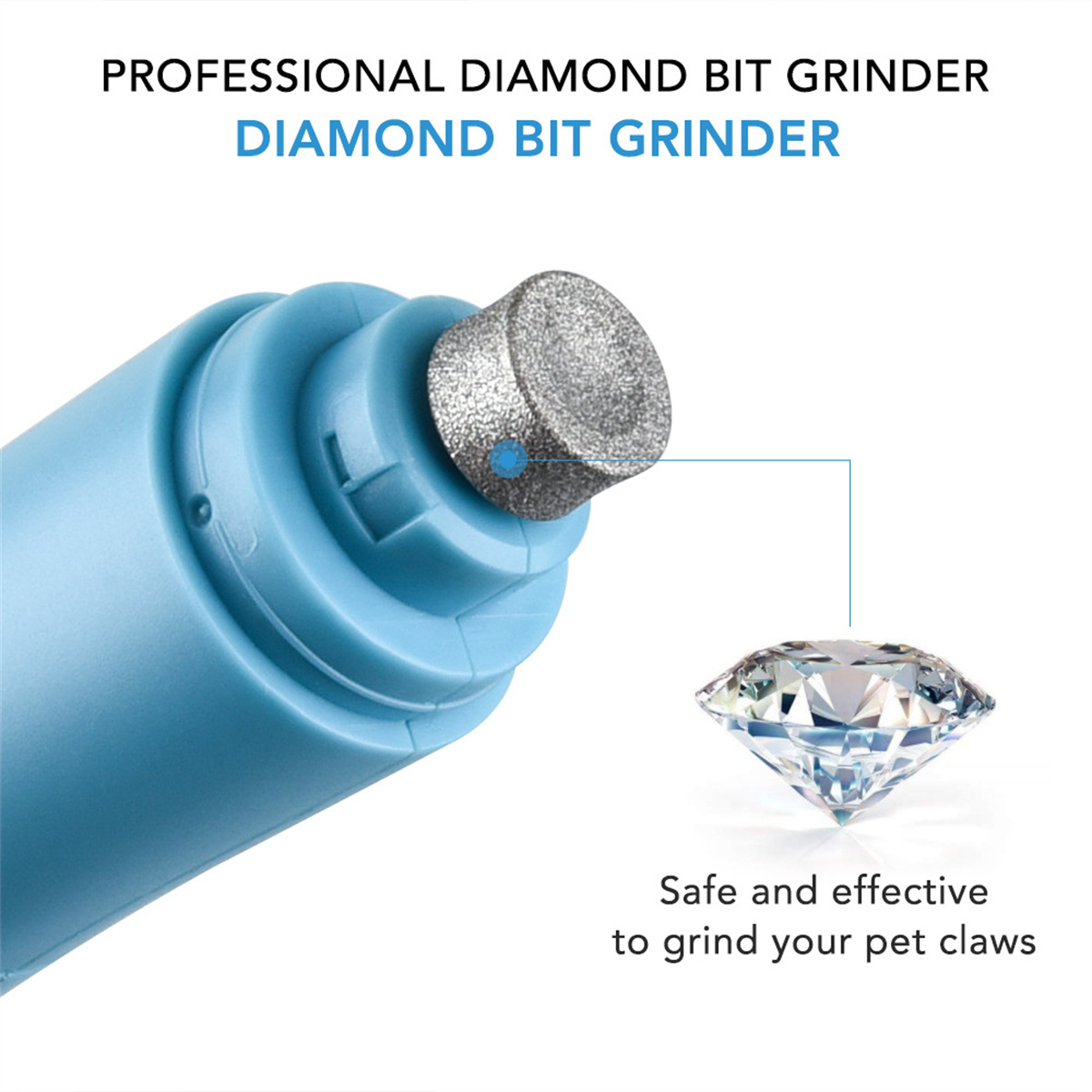 Blauer Nagel-Schleifer mit Diamant-Bit und einem Diamanten daneben.