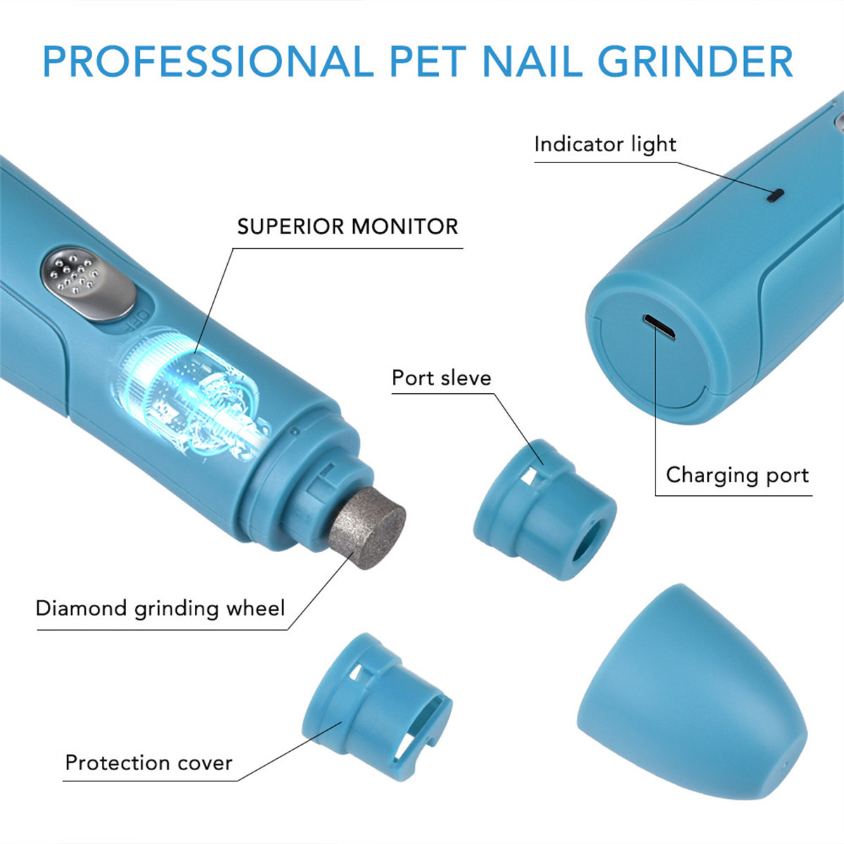 Ein professioneller Nagelknipser für Haustiere mit beschrifteten Teilen. Er ist blau, mit einem Diamantschleifrad und einem Ladeanschluss.