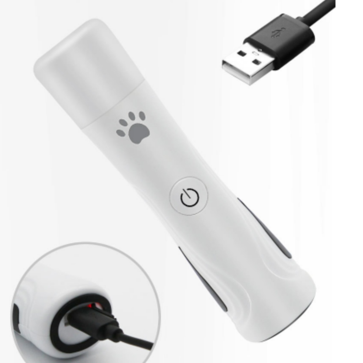 Weißer Pet-Nagelschleifer mit Pfotenabdruck-Taste und USB-Ladeanschluss. Isoliert auf weißem Hintergrund.