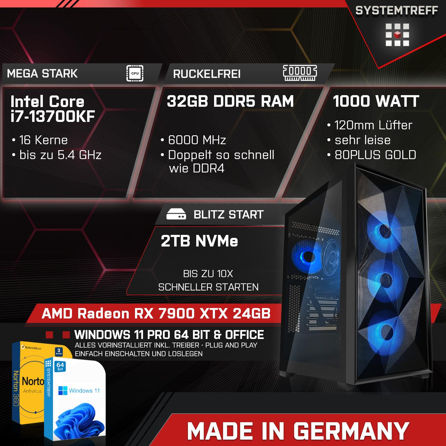 SYSTEMTREFF High-End Gaming Intel Core Core™ 11 Intel® i7 32 Windows RAM, Radeon™ 2000 Pro, Gaming mSSD, AMD Prozessor, RX XTX PC GB mit i7-13700KF, 7900 GB