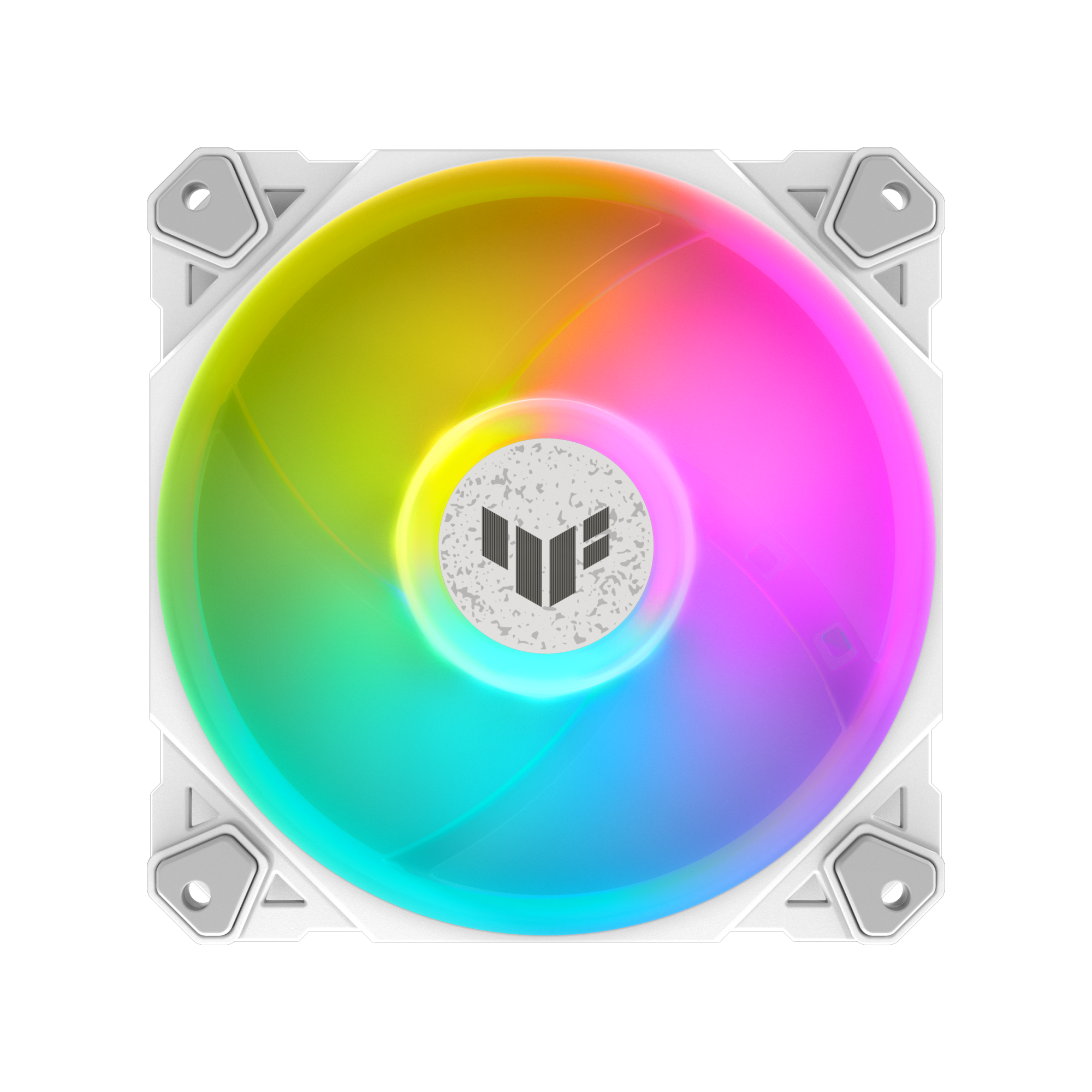 Wentylator komputerowy z kolorowym, podświetlanym okrągłym obszarem i logo pośrodku.