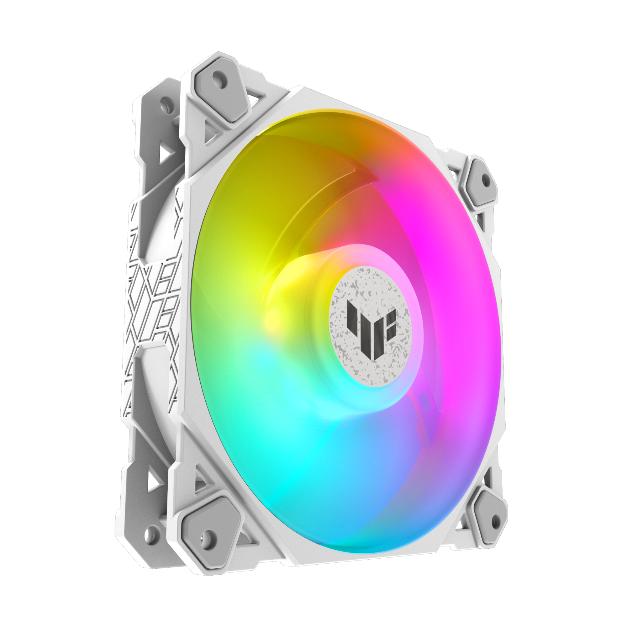 Biały wentylator komputerowy z kolorowym okrągłym światłem pośrodku.
