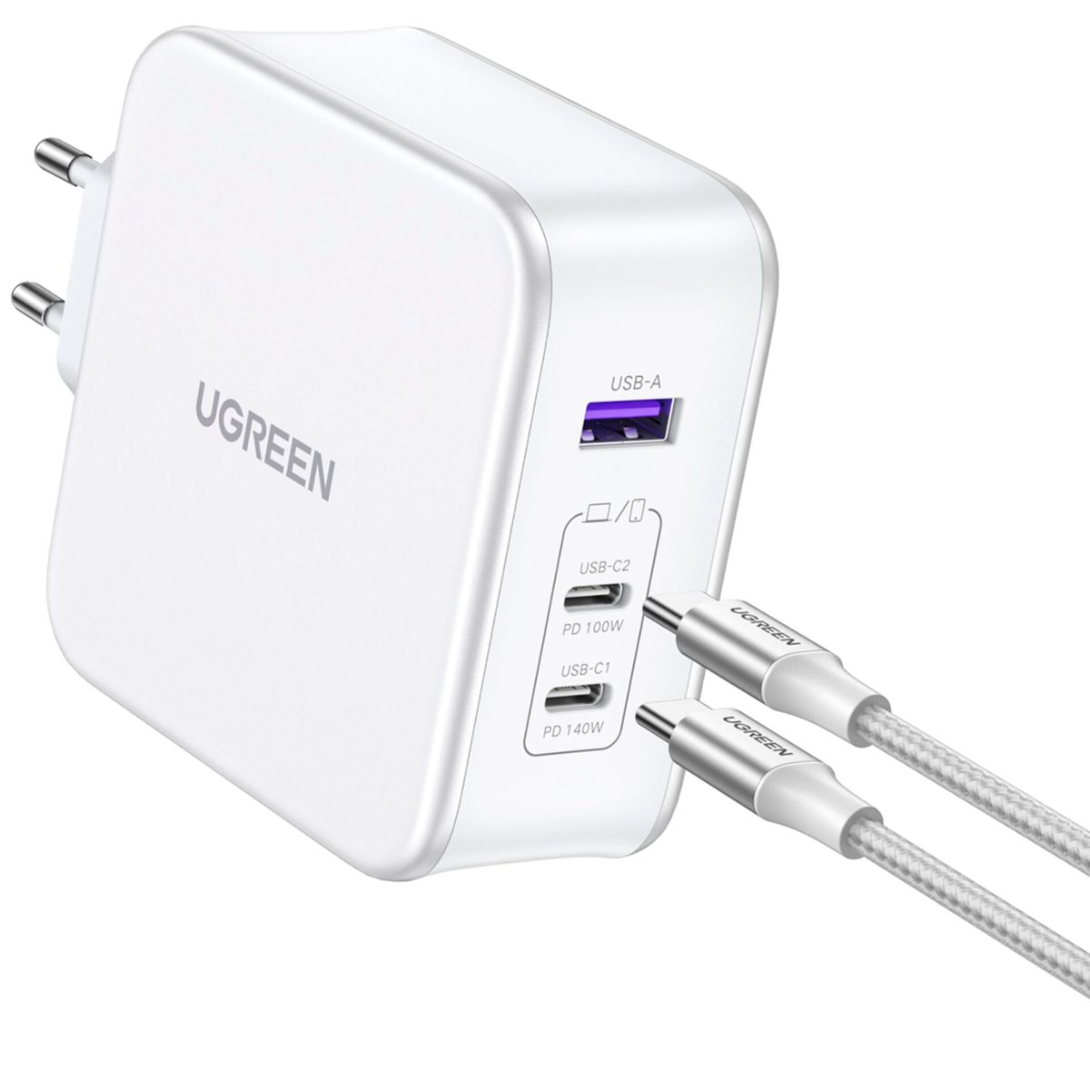 Caricatore UGREEN bianco con più porte USB e cavi USB collegati. Ha un design elegante.