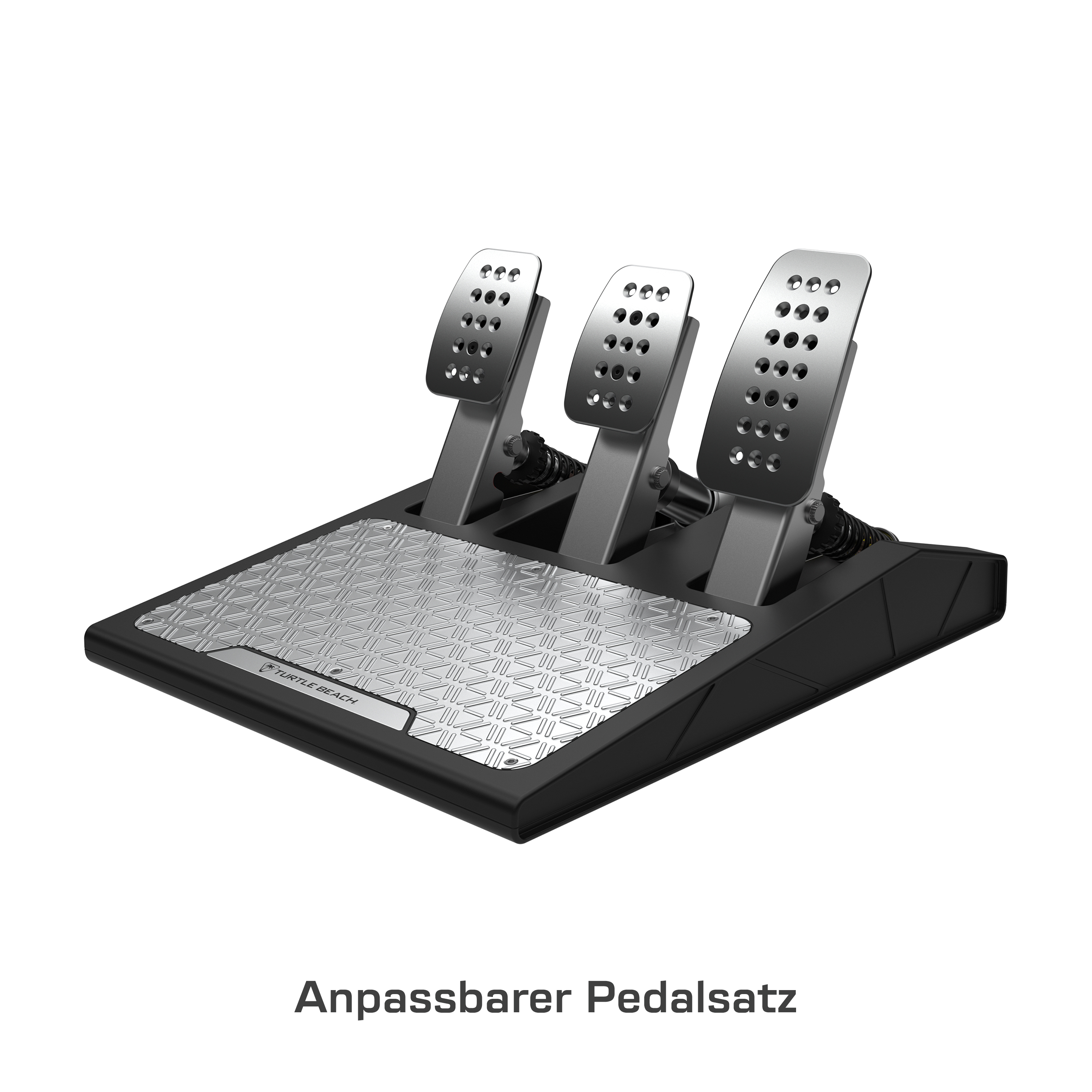 Regulowany zestaw pedałów do gier. Trzy pedały na czarnej podstawie z teksturowaną płytą.