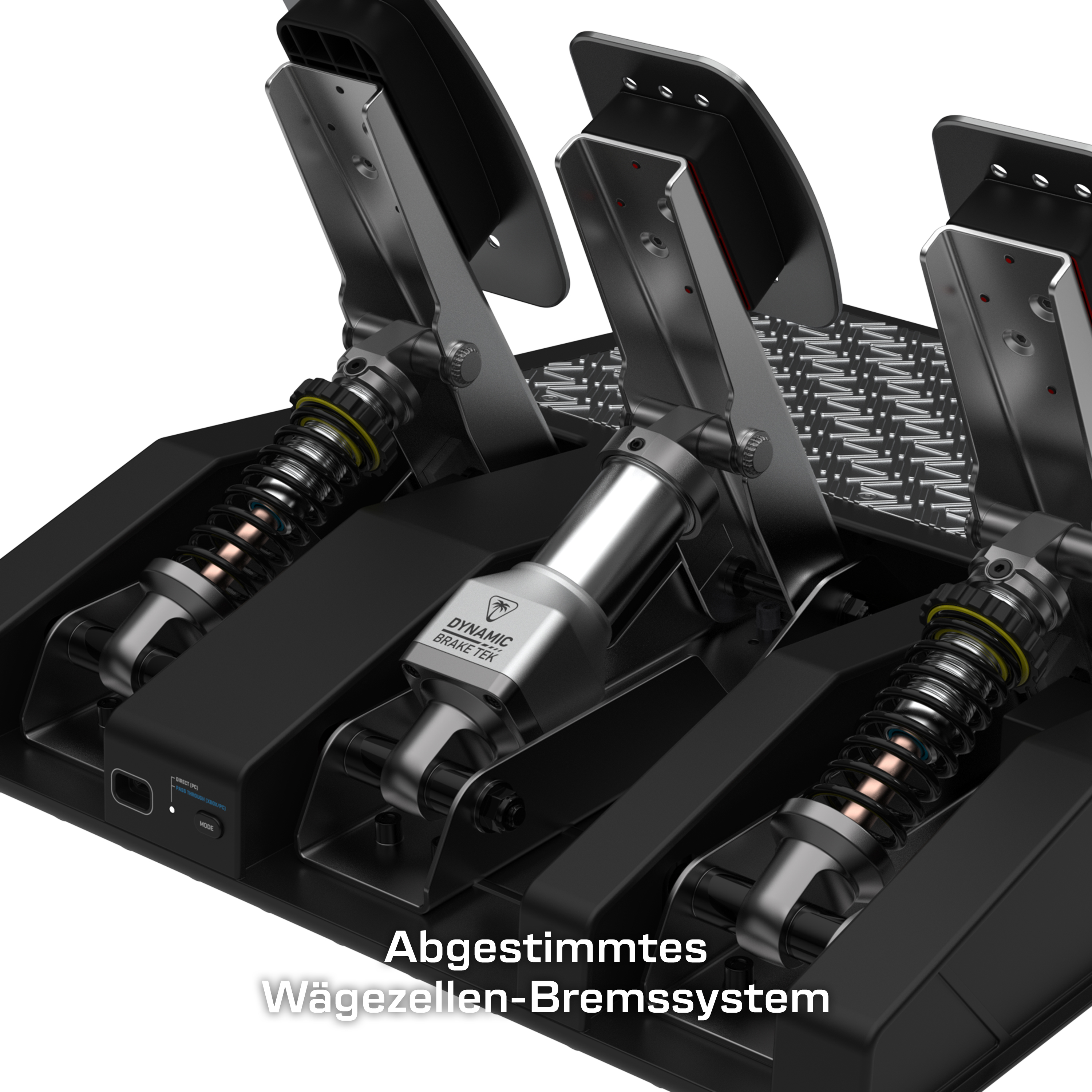 Zbliżenie czarno-srebrnego systemu pedałów do gier wyścigowych. Tekst: Dynamic Brake FX, WÄGEZELLEN-BREMSSYSTEM.