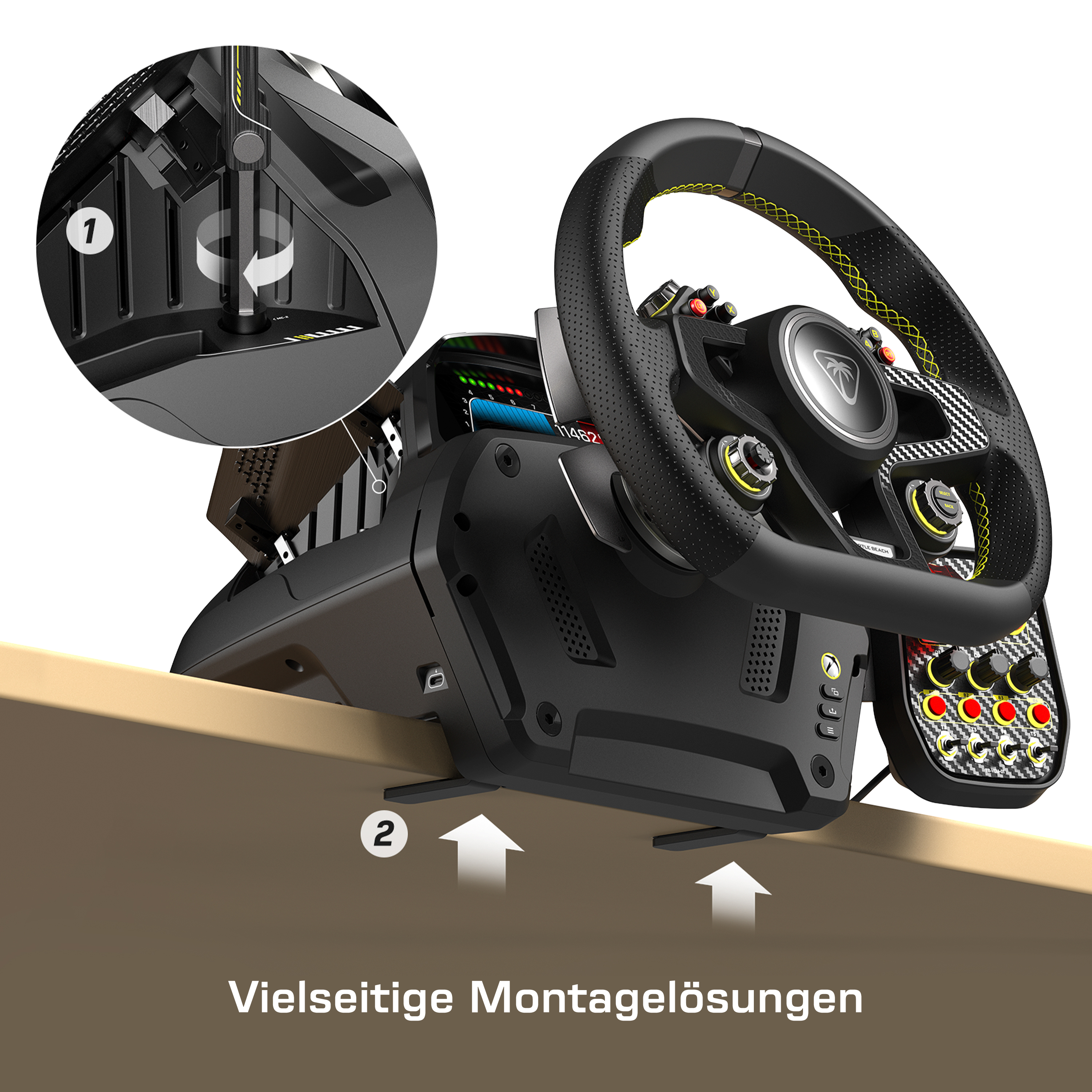 Ein Gaming-Lenkrad, das auf einer Holzoberfläche montiert ist, mit Beschriftungen und Details.