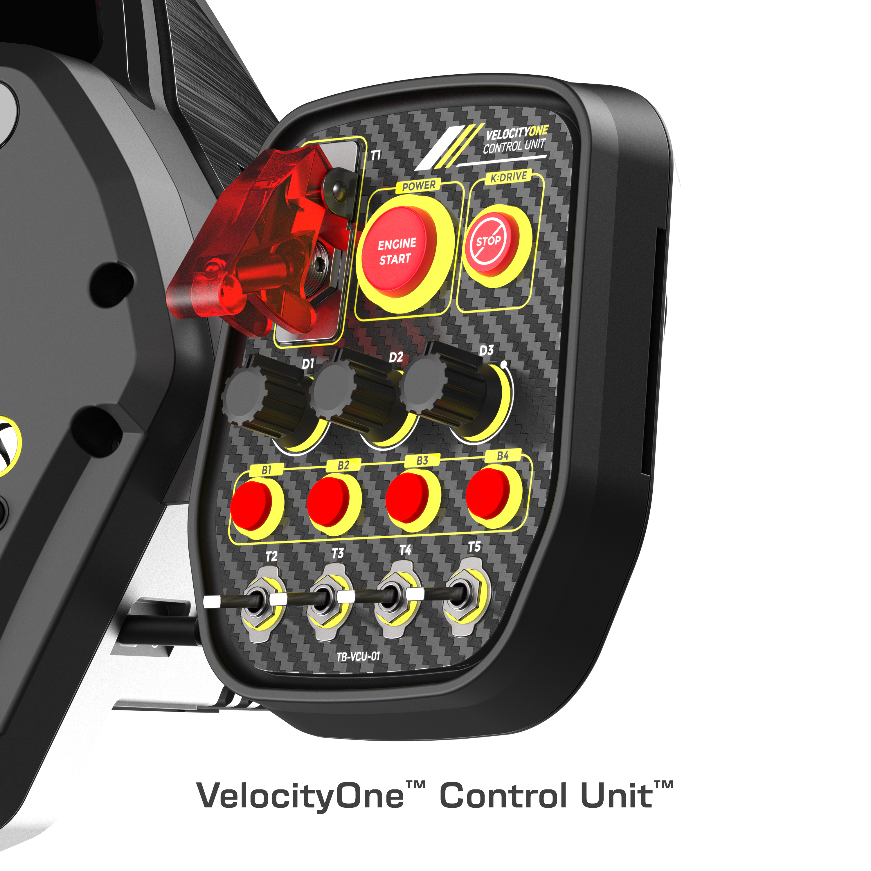 Czarna jednostka sterująca VelocityOne z przyciskami, pokrętłami i przezroczystą czerwoną osłoną.