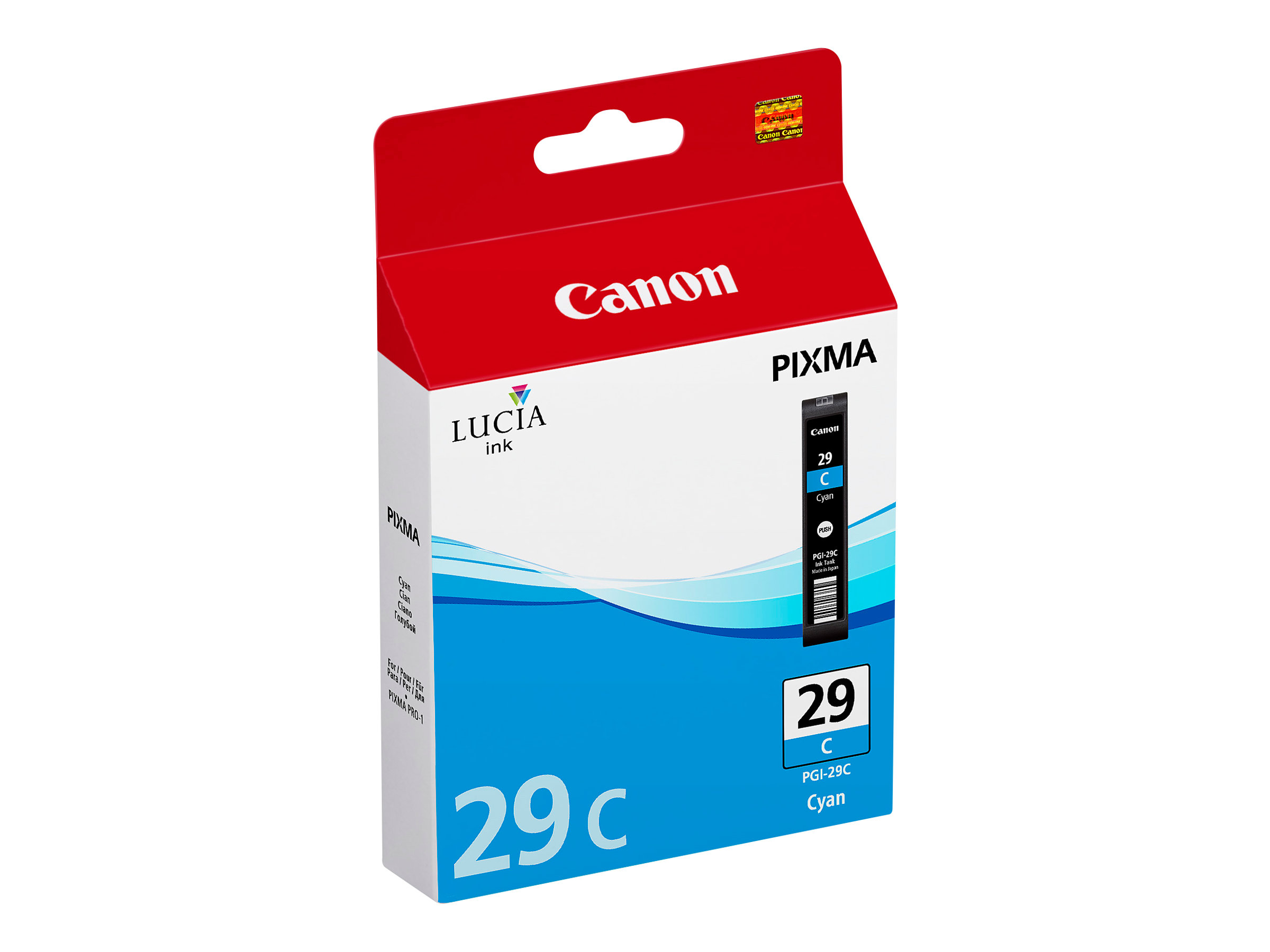 Canon Pixma inktcartridge doos, rood en blauw, gelabeld 29 C Cyaan.