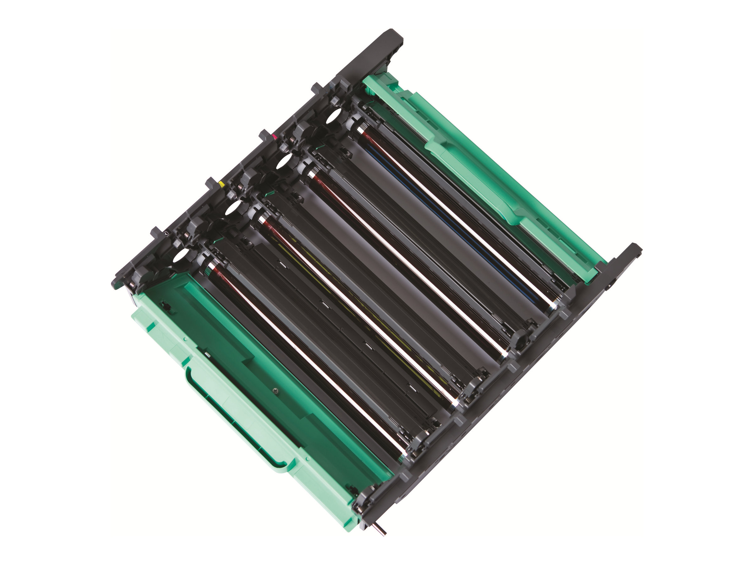 Unité de tambour d'imprimante avec plusieurs cartouches de toner couleur installées.