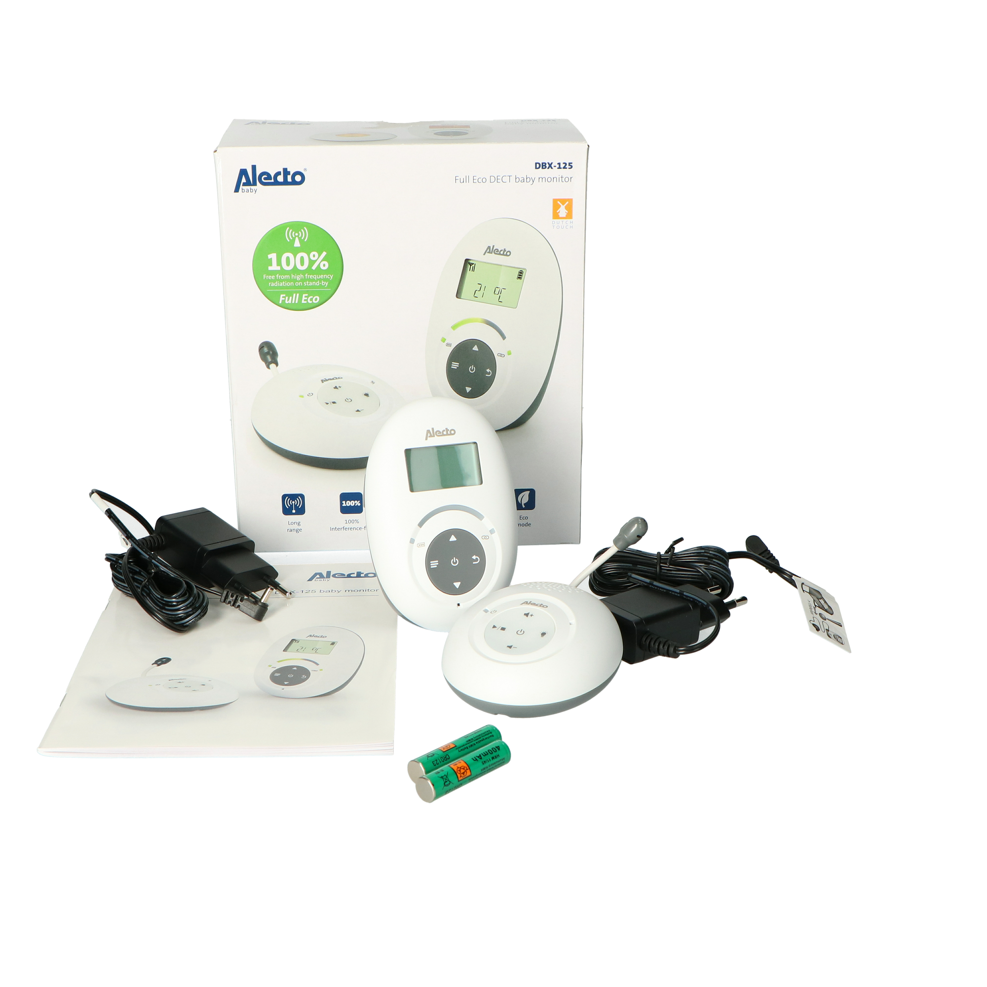 Babyphone-Set in einer Box mit zwei Monitoren, Zubehör und einer Bedienungsanleitung auf weißer Oberfläche.