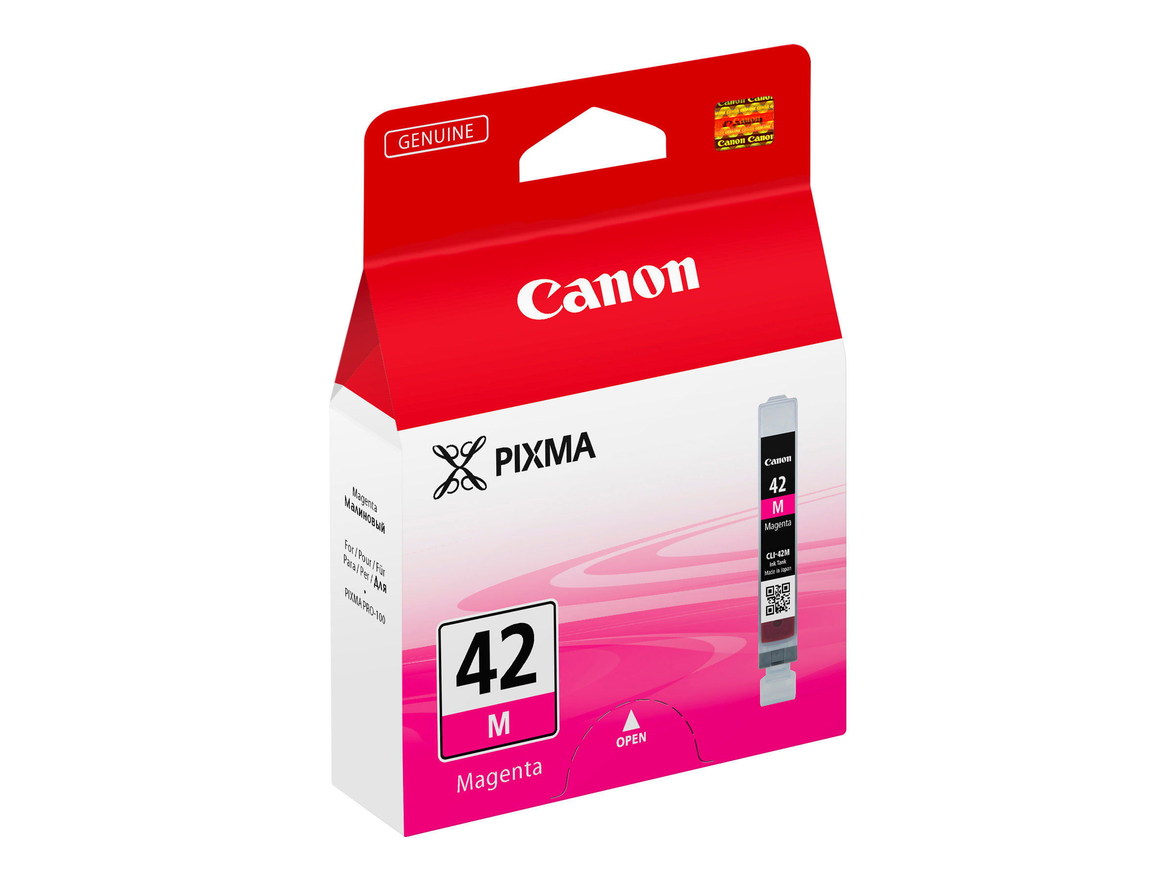 Canon Pixma 42 M Magenta inktcartridge verpakking. De verpakking is rood en wit met het Canon logo.
