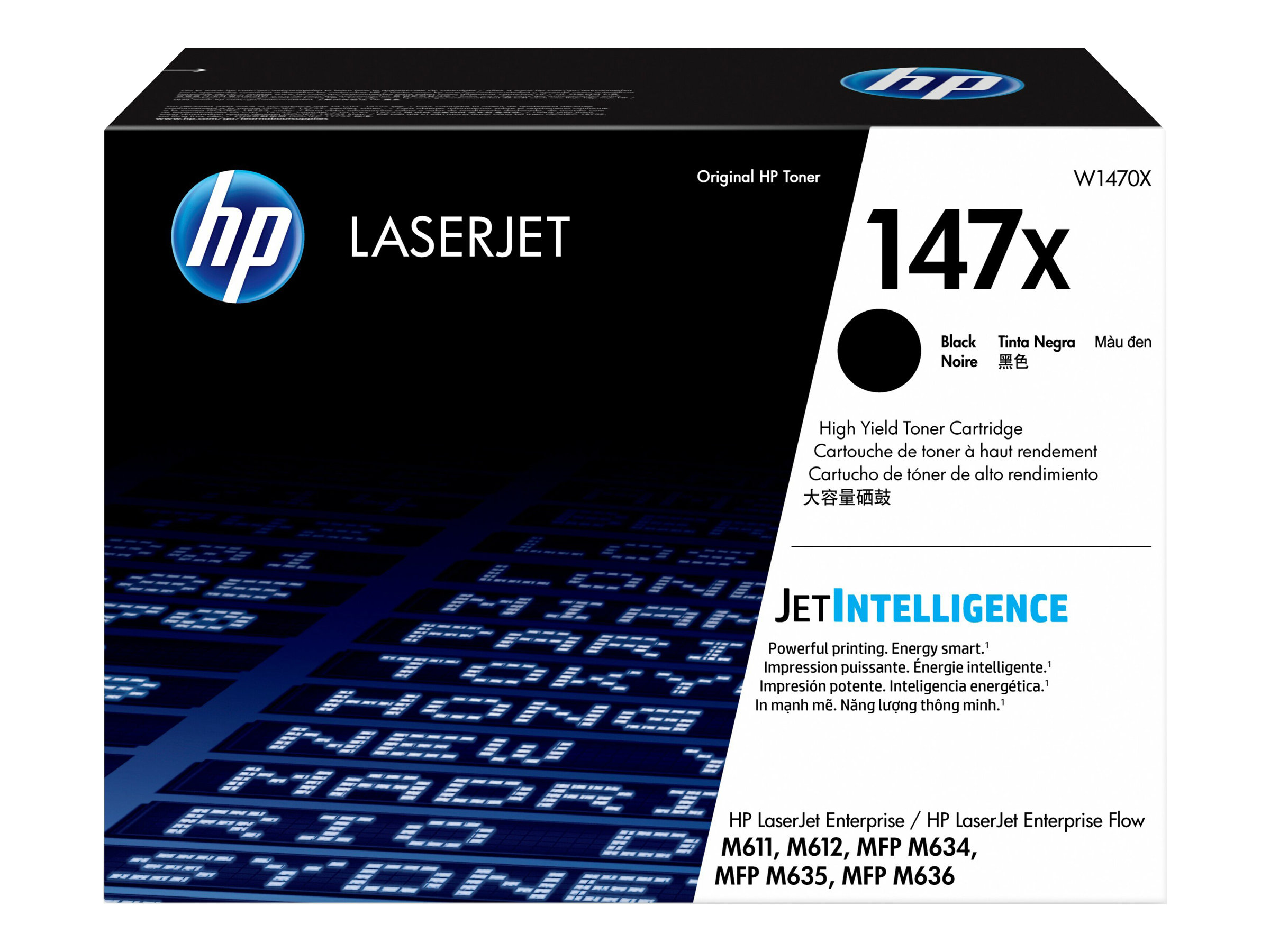 Een zwarte en blauwe HP LaserJet tonercartridge doos met de productnaam en details erop gedrukt.
