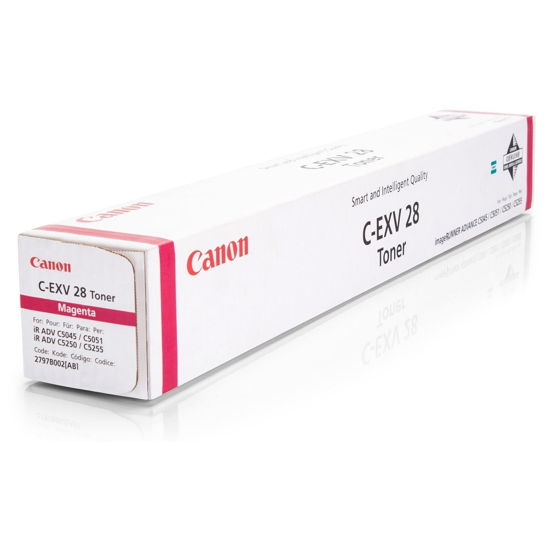Cartuccia toner Canon C-EXV 28, colore magenta, su sfondo bianco.
